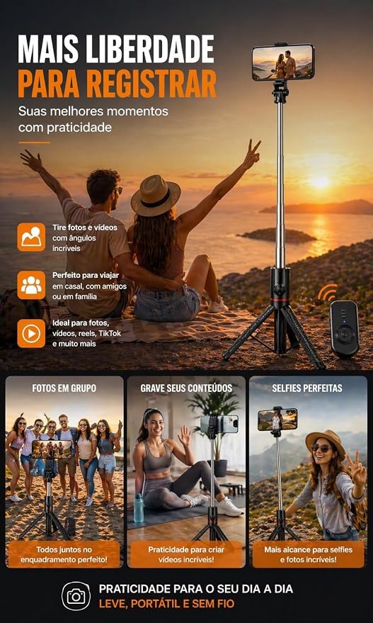 Pessoas sentadas em uma praia usando o tripé para registrar momentos com smartphone
