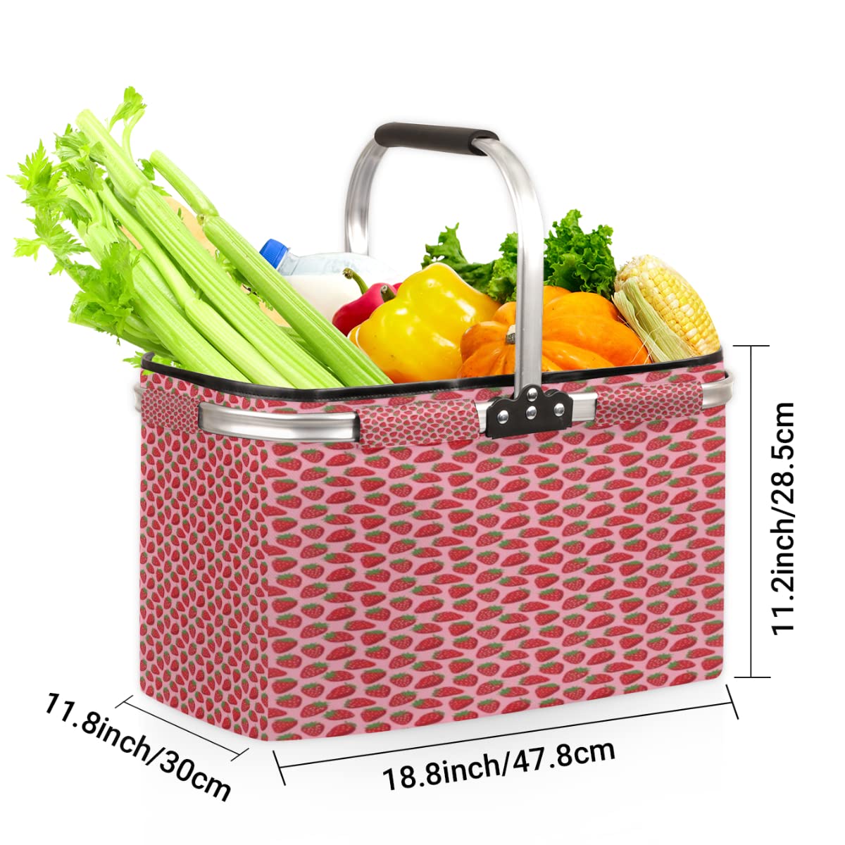 Strawberry Pink Red Folding Picnic Basket Large Collapsible Market Basket Aluminum Frame Cute Shopping Baskets Reusable Travel Camping Grocery Bags
