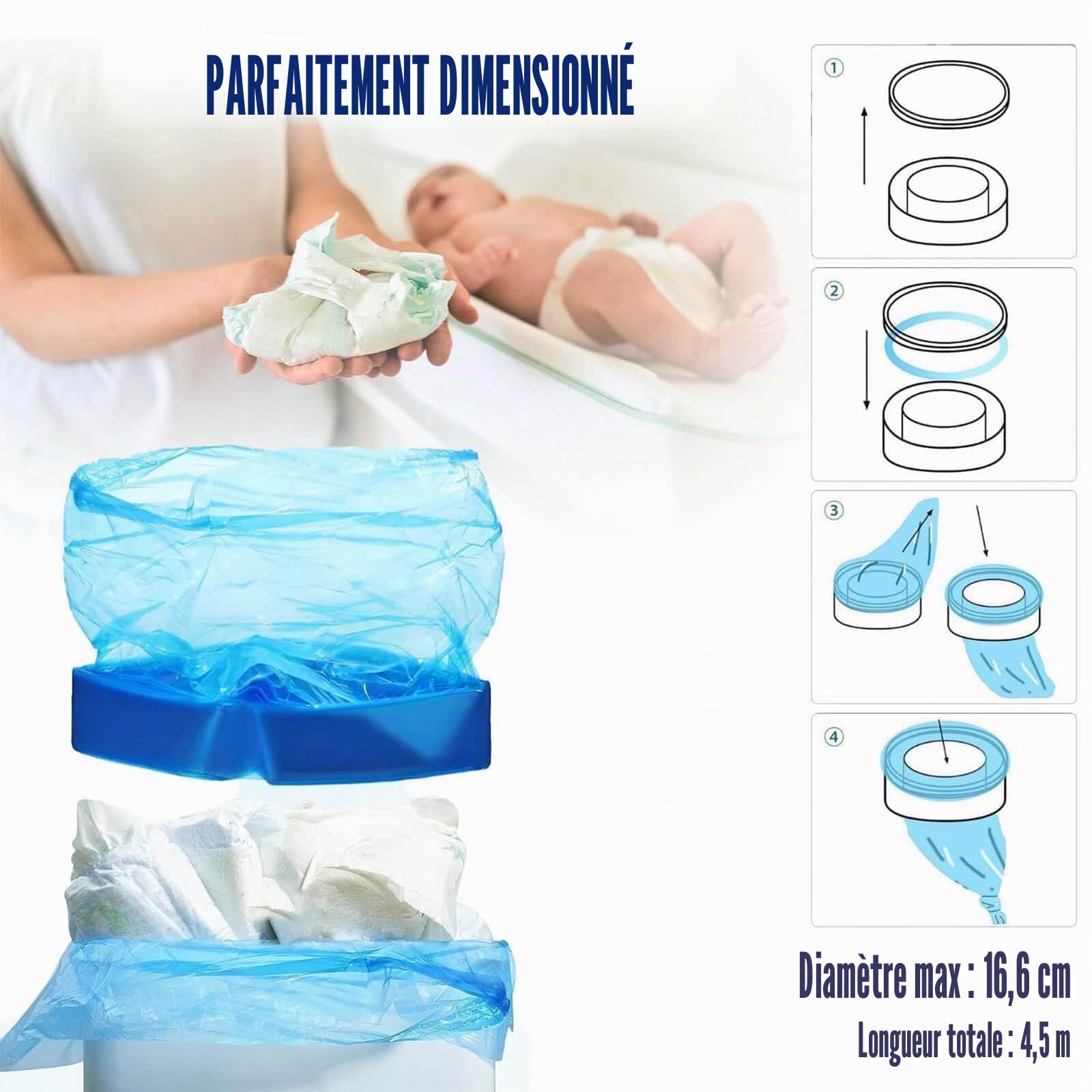 Lot de 12 sacs de recharge pour poubelle à couches compatibles avec les cartouches Genie, Angelcare, Tommee Tippee, Twist & Click et Spross