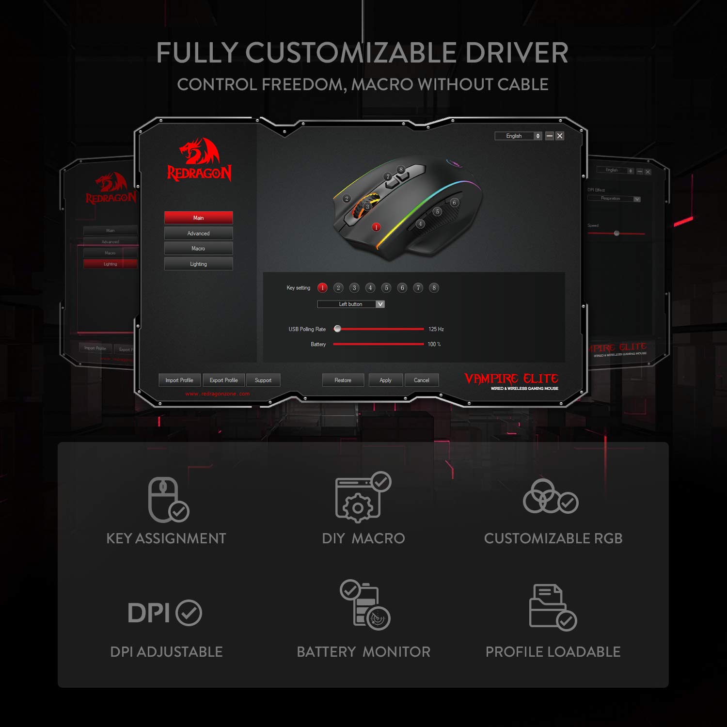 Redragon M686 Ratón inalámbrico para juegos, mouse para juegos con cable / inalámbrico de 16000 DPI con sensor profesional, capacidad de 45 horas, macro personalizable y retroiluminación RGB