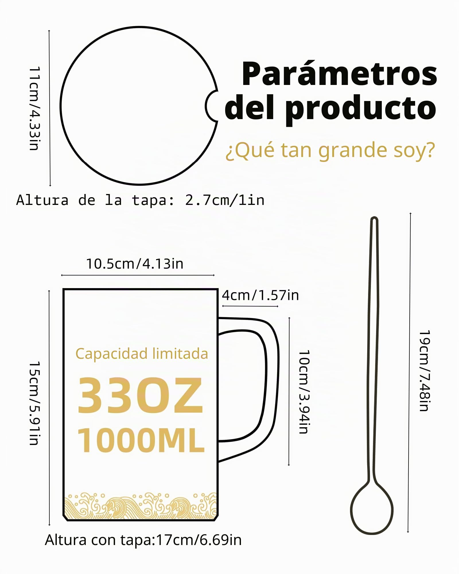 Taza de Café Gigantes Grande de Cerámica 1000 ml, Blanco | Tazas enormes, mug muy grande XXL con tapa y cuchara, aptas para lavavajillas y microondas, para café, té, oficina y hogar