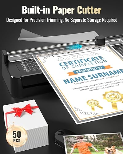 Miniatura 5 de Máquina laminadora de 13 pulgadas con recortadora de papel + 50 hojas + redondeador de esquina, modo doble calientefrío, tecnología antiatascos,