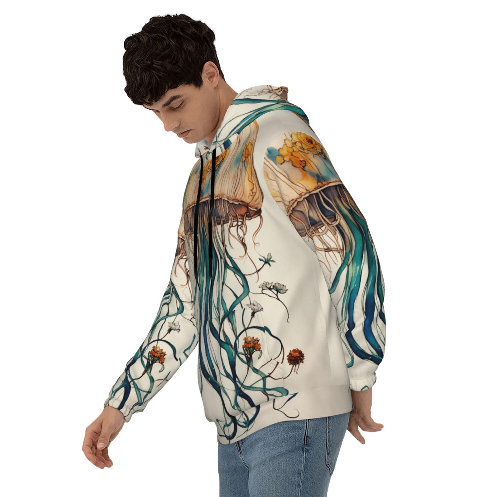 Męska bluza z kapturem z nadrukiem meduzy, casualowa grafika z nadrukiem bluzy z kapturem z kieszenią