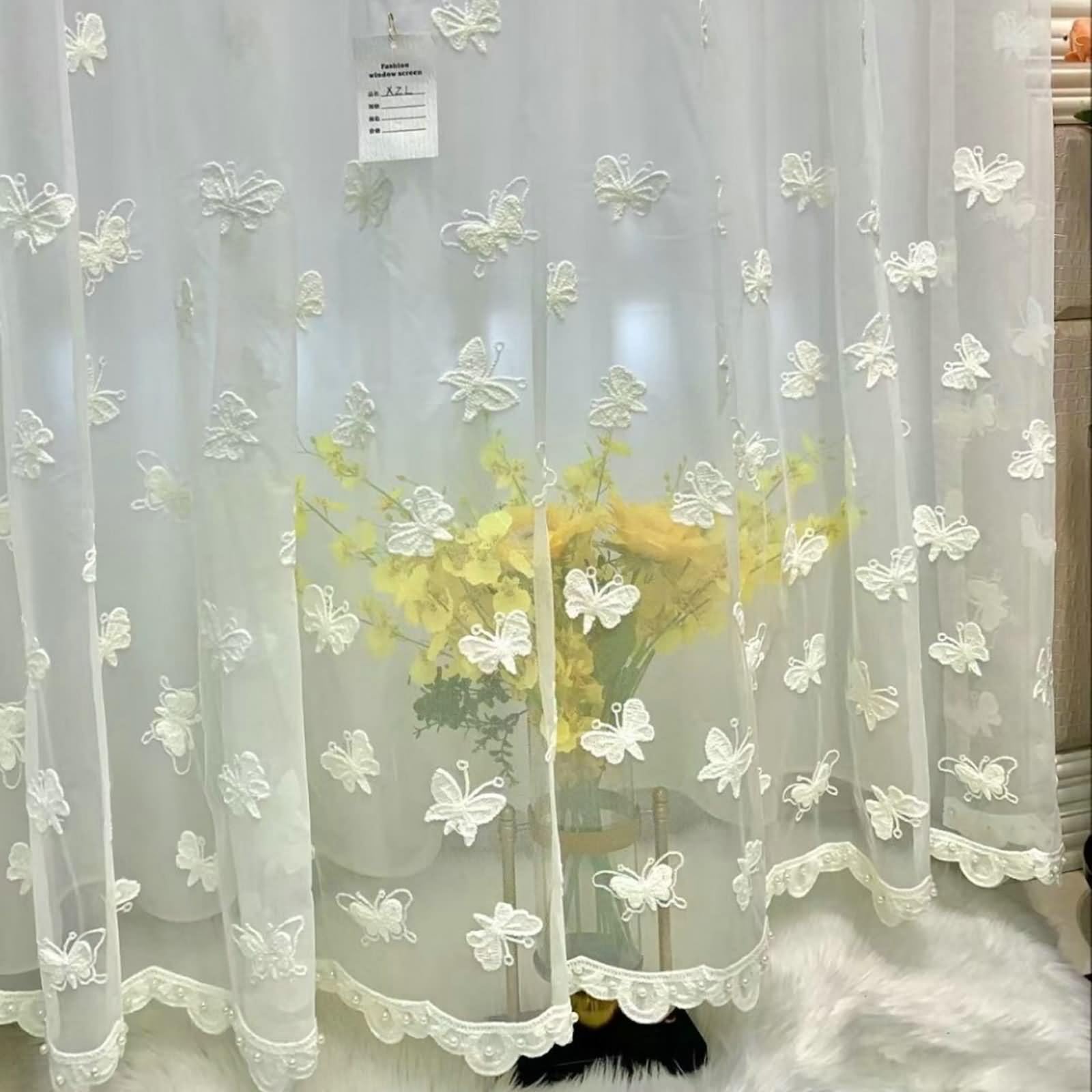 Rideau Cuisine Extérieure, Voilage Blanc Salon Papillon Brodé Mélange Polyester-Coton Lot de 2 132W x 229L cm