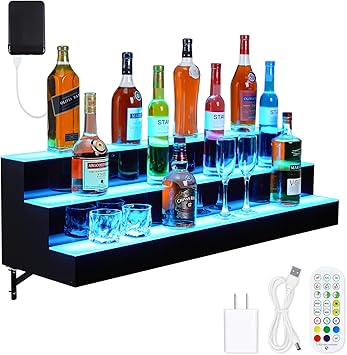LED Lighted Liquor Bottle Display Shelf, 3 Tiers 30 Inch Acrylic Wall Mounted Whiskey Rack Stand with Remote & App Control, and Multi-color Lighting, Bar Bottle Display Shelf for Liquor Shelves