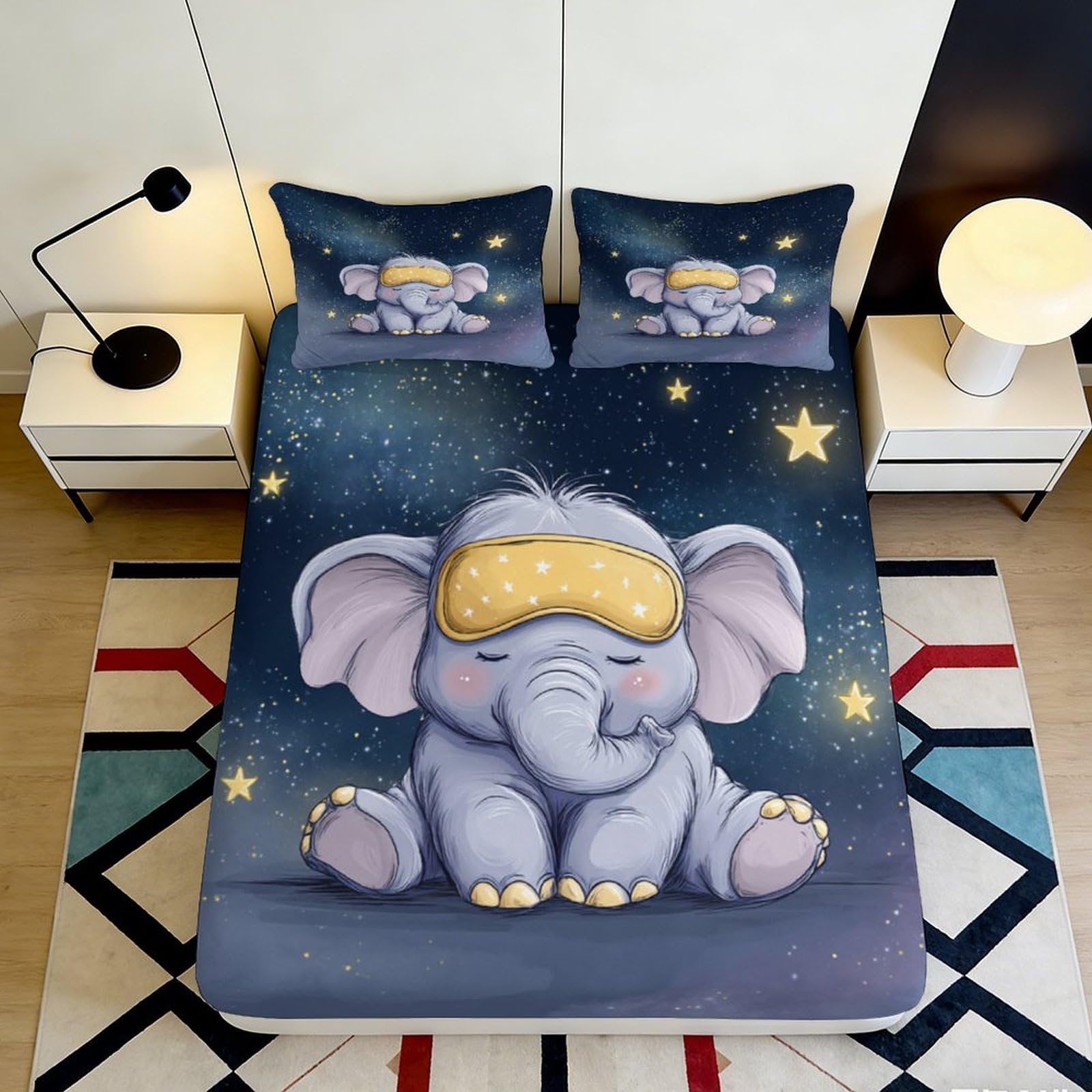 3D Printed Sleepy Elephant Fitted Sheet Microfiber Soft Breathable Starry Night Bed Cover for Bedroom Dormitory Guest Room Mattress Protection Decor 200x200x25cm