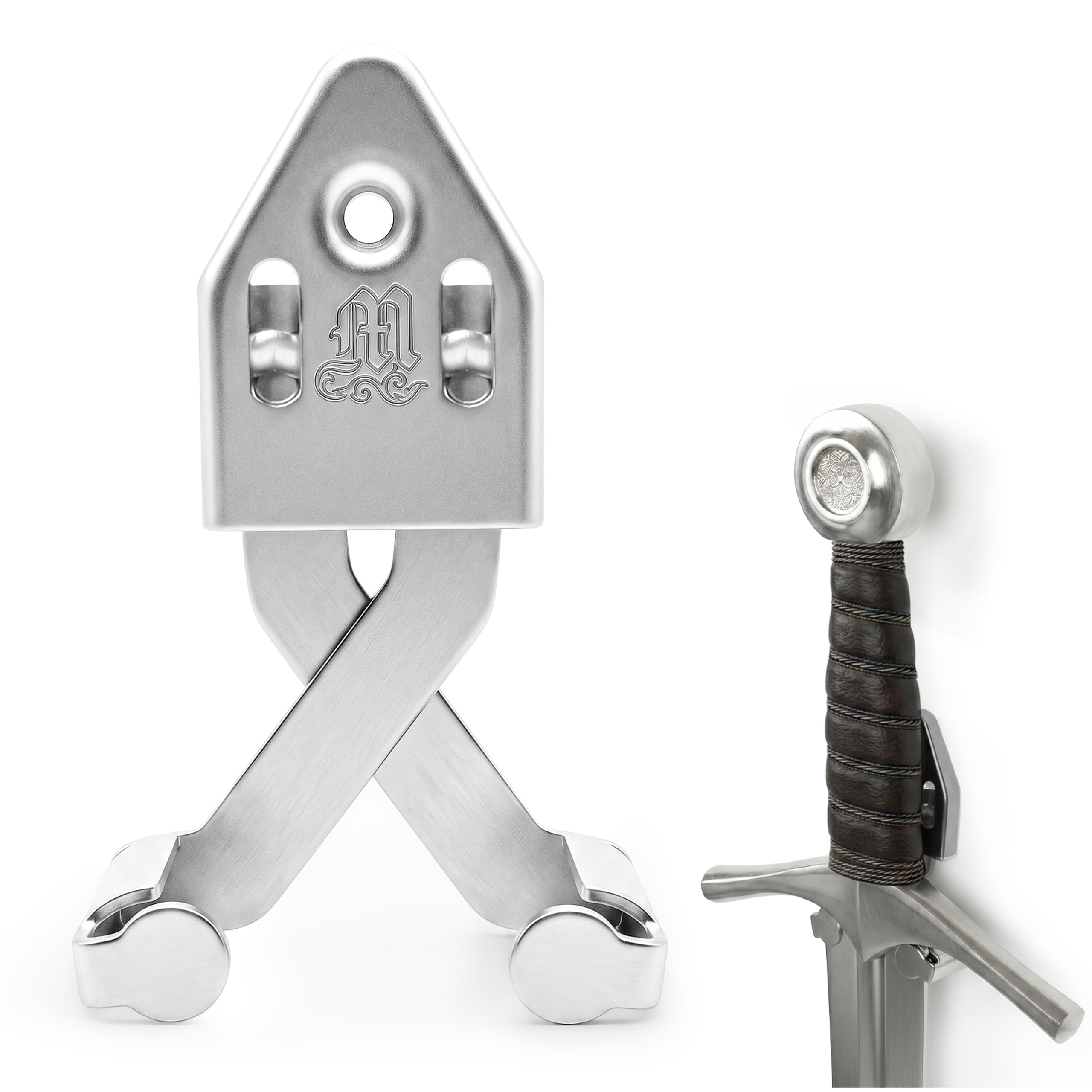 Mythrojan Metal Single Sword Wall Mounts Vertical Sword Mount Display Wall Hanger Adjustable Multifunctional Mount Wall Décor Rack for Axe, Knives - Silver, Large