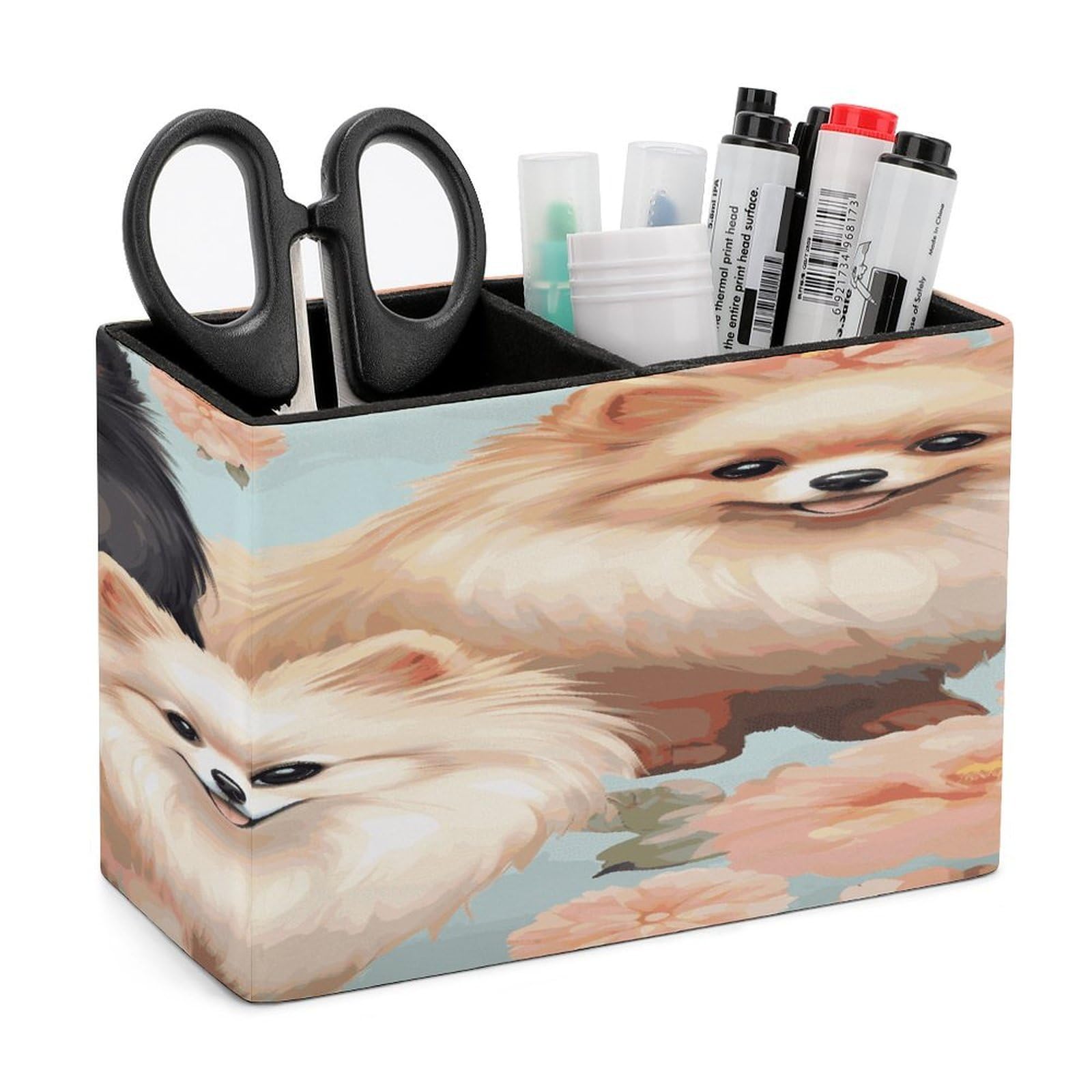 LDGSUPH Pomeranians Pattern Leather Pen Holder for Desk Organizer Caddy Large Pencil Cup Multi-function Pencil Holder Makeup Brush Holders Pen Organizer for Home Office Storage Box