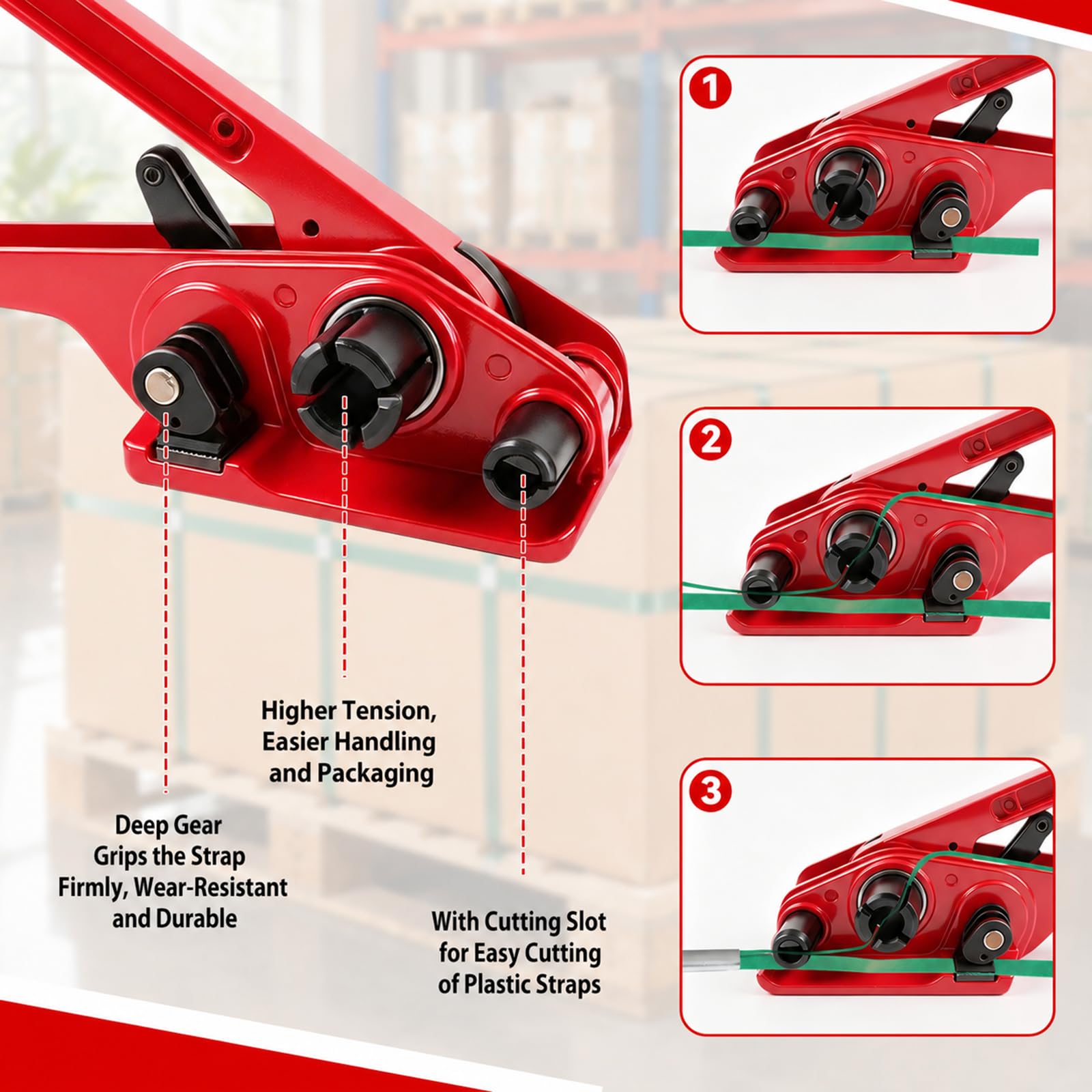 Set di reggiatura manuale con nastro in PET da 100 m, 100 clip, 20 paraspigoli, guanti, tenditori, per imballaggi in plastica PP/PET da 12-19 mm