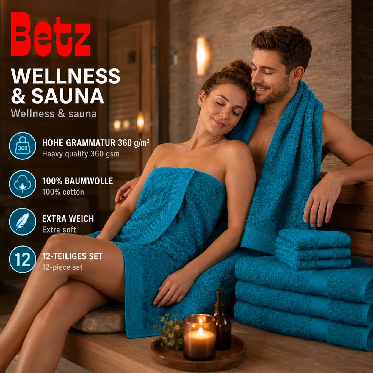 Betz Palermo Handtuch-Set 12-teilig – 100% Baumwolle – Oeko-TEX® Zertifiziert – extra saugfähig & weich – hohe Grammatur – Duschtücher, Handtücher, Gästetücher & Waschhandschuhe Farbe Petrol