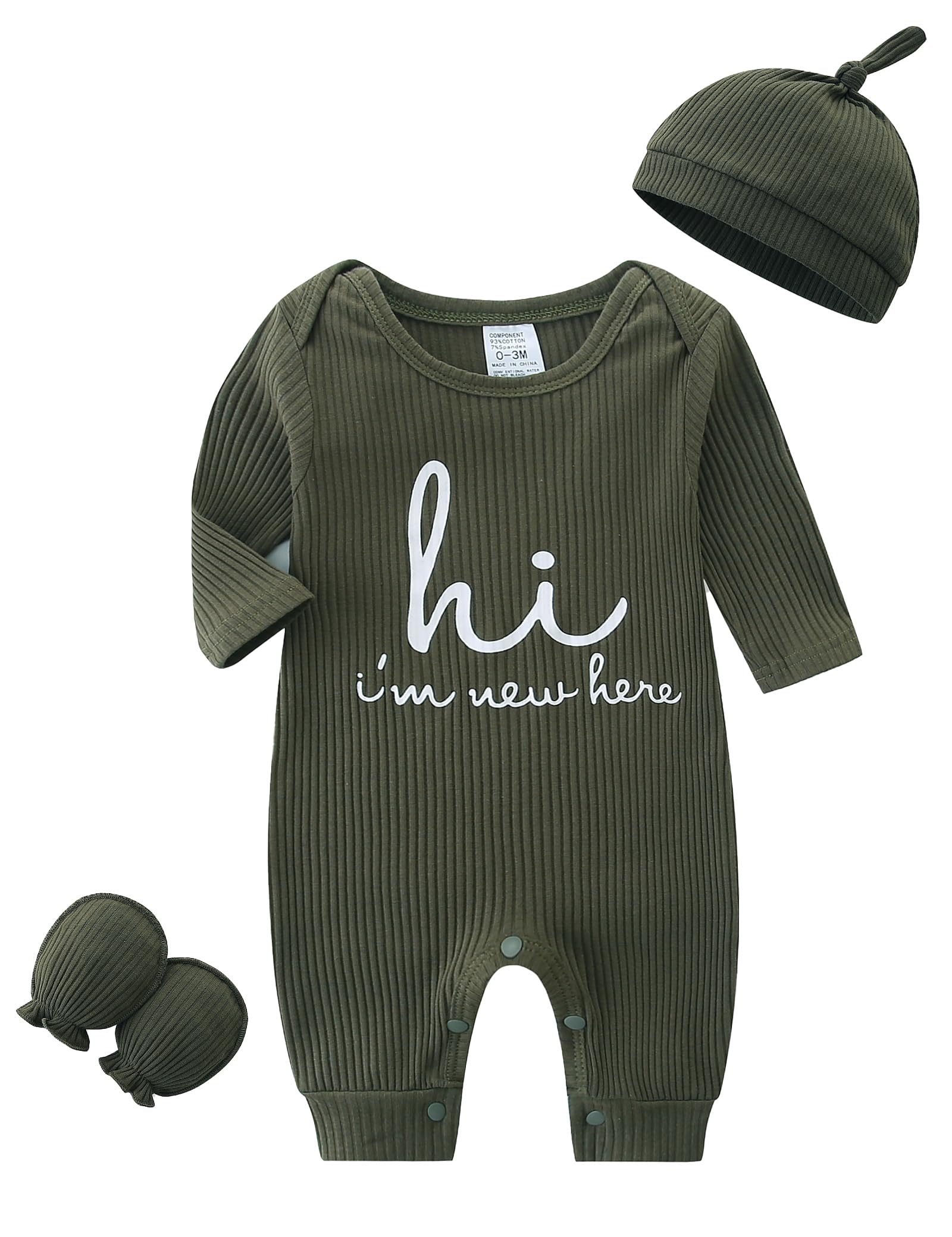 Unisex noworodek onesie prążkowane śpioszki dla małych dzieci z długim rękawem Pjs Jumpsuit kapelusz i rękawiczki