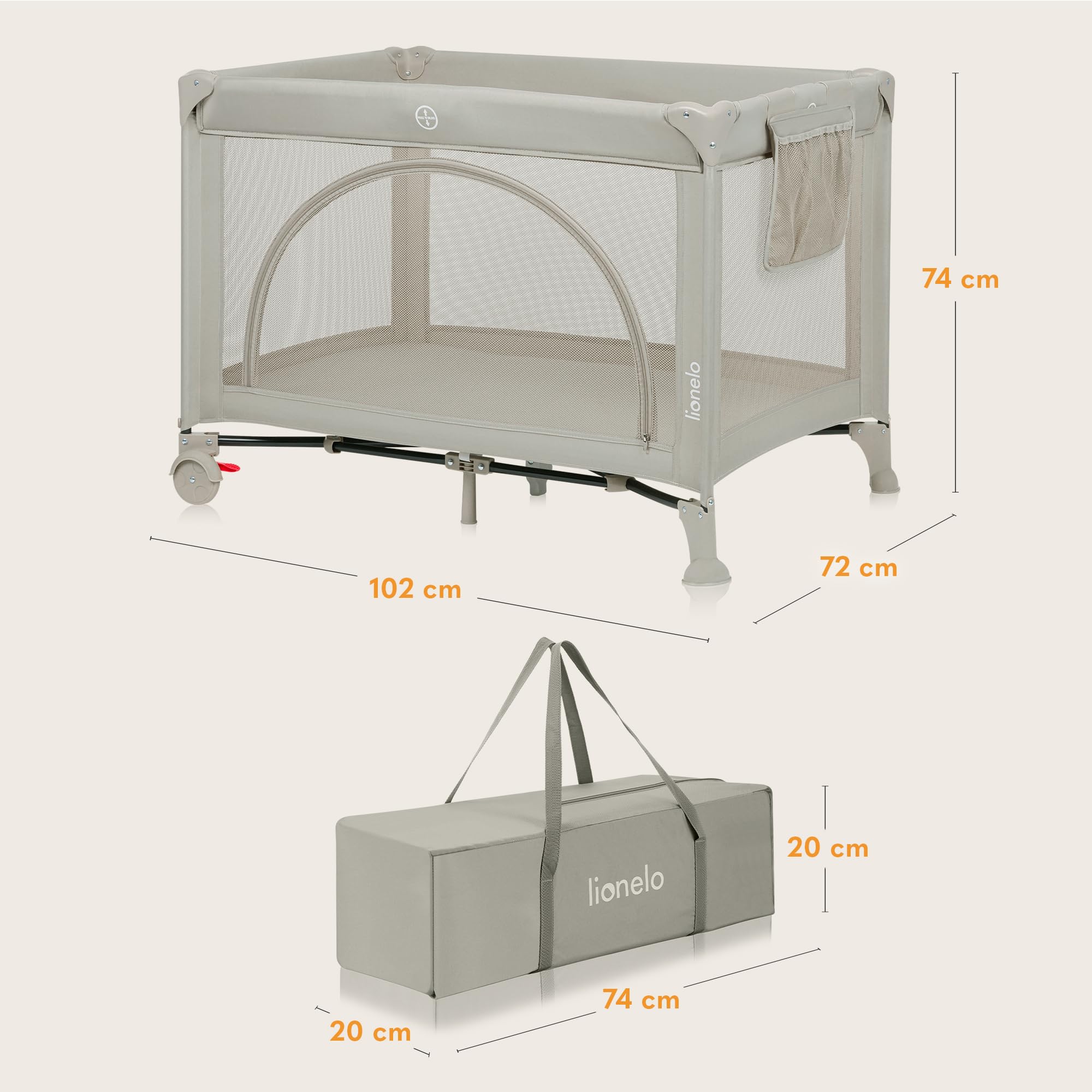 Lionelo Laura 2-in-1 Reisebett bis zu 15 kg Laufgitter von 0 bis 36 Monate Seitlicher Einstieg T25 Schaumstoffmatratze, 2 Höhenstufen, Reisetasche, Räder mit Bremse