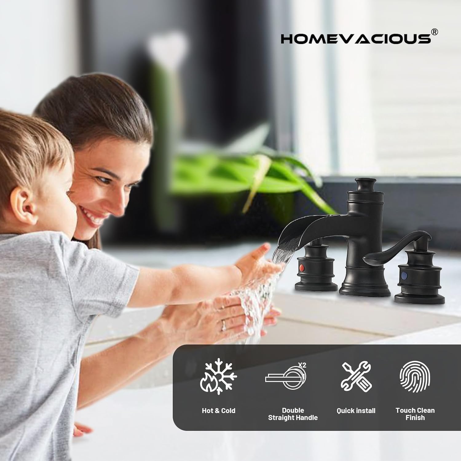 8 inch Widespread Bathroom Faucet 3 Hole 2 Handle Black Farmhouse Waterfall Bathroom Sink Faucet with Pop Up Drain Sink Vanity Basin Mixer Tap with Overflow Lavatory Supply Line by Homevacious