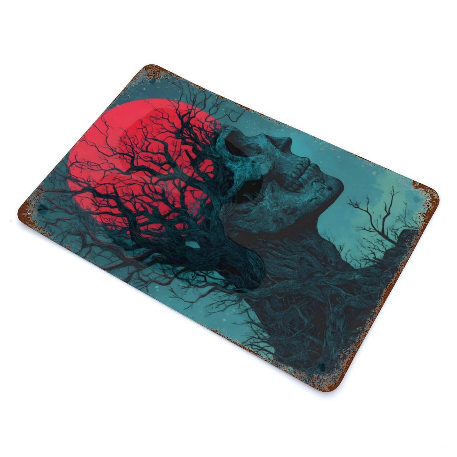 Skull Tree with Red Moon Vintage Wall Sign 11.8"x7.9", Rust Effect Metal Decor for Living Room, Hallway And Home Decor