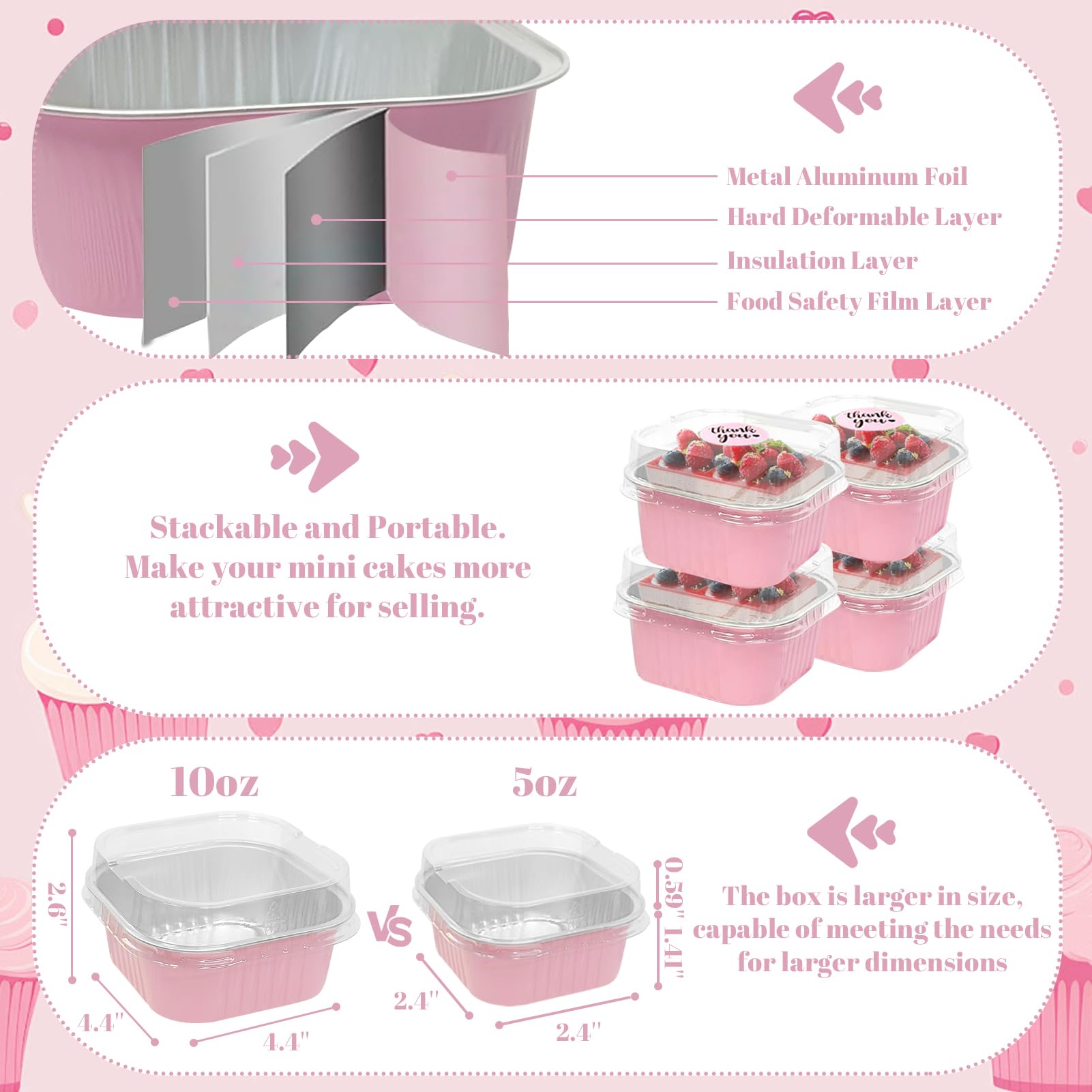 Mini-Kuchenformen mit Deckel, Aluminiumfolie, quadratisch, Brownie-Backförmchen, Einweg-Cupcake-Form, 10,2 x 10,2 cm, große Cupcake-Form, Jumbo-Muffinform, 100 Stück, Rosa