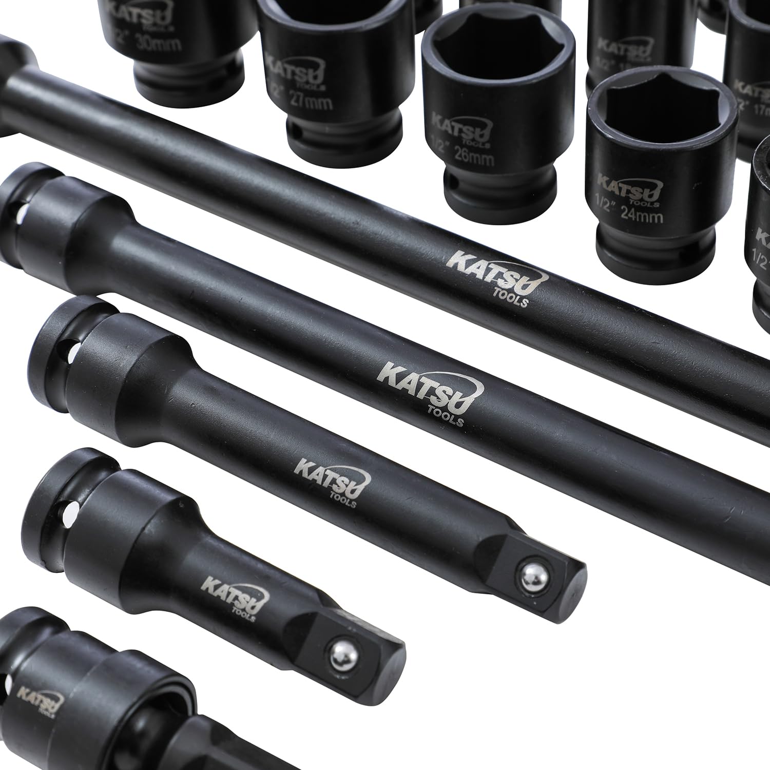 KATSU Tools Zestaw 43 szt. wytrzymałych nasadek udarowych 1/5.1 cm Napęd 6-punktowy 9-30 mm metryczny standardowy/głęboki zestaw nasadek udarowych, stal stopowa chromowo-wanadowa, narzędzie