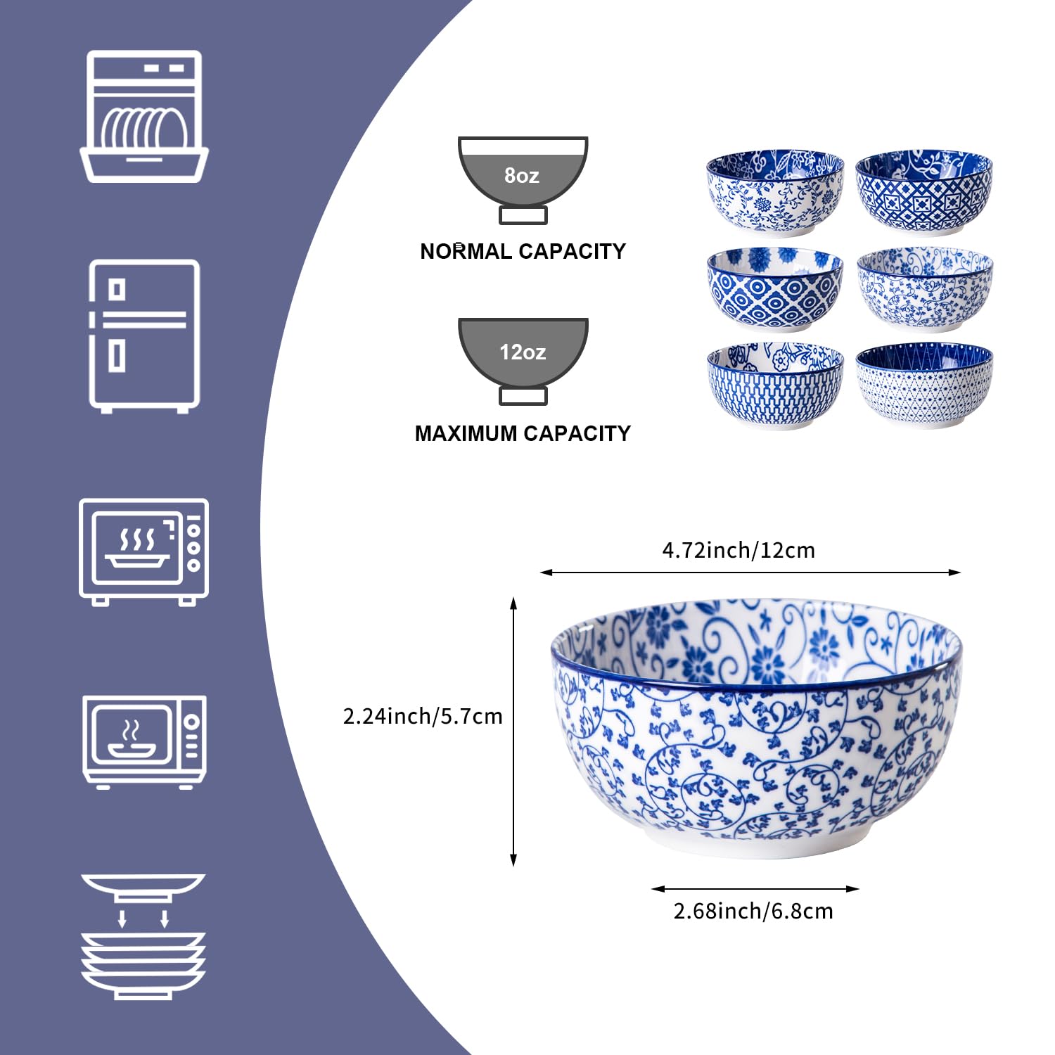 Juego de cuencos de cerámica para postre, cuenco pequeño de cereales de 12 onzas para cocina, cuenco de helado de porcelana de 4.7 pulgadas para ensalada, ramen, frutas, guarniciones, apto para
