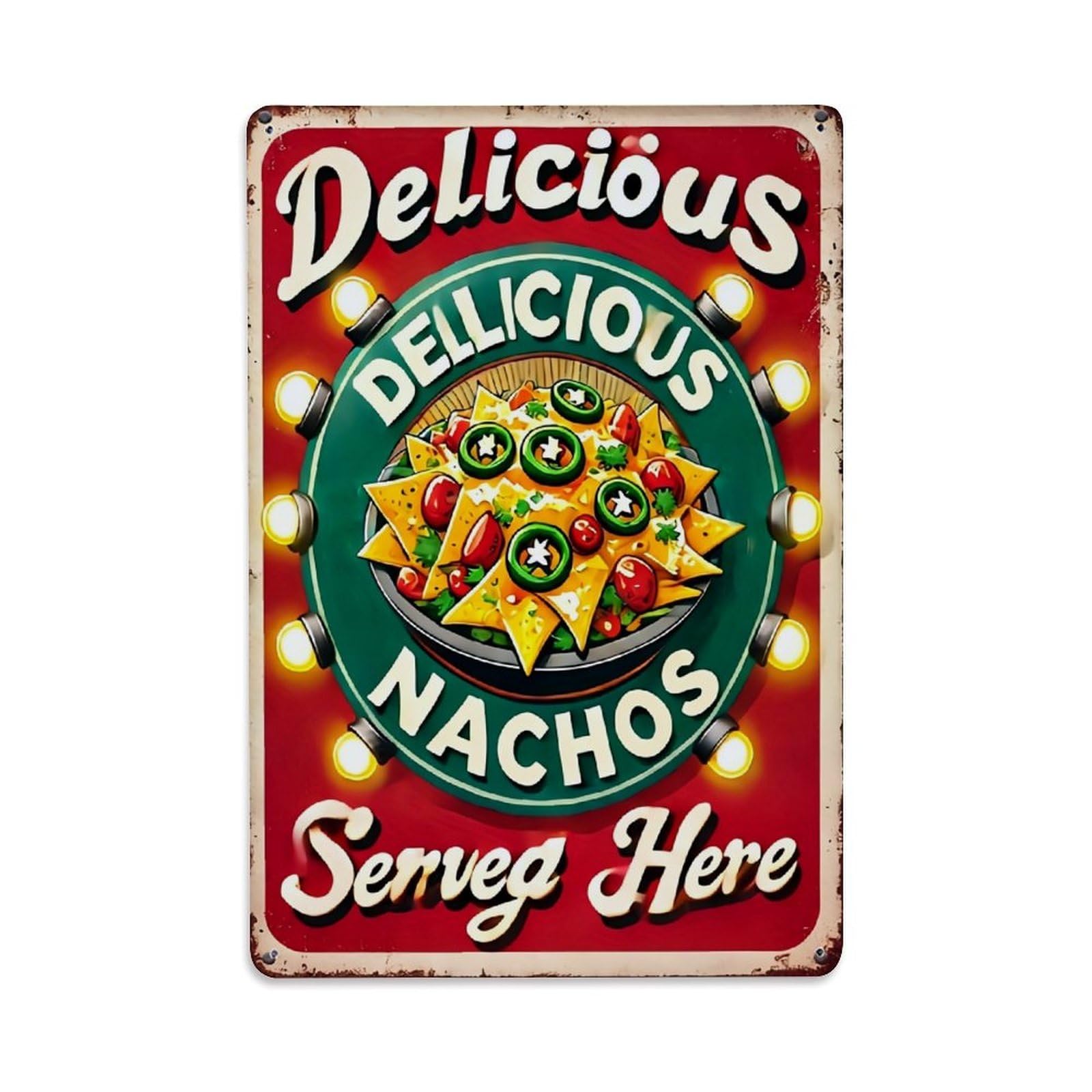 Delicious Nachos Served Here Retro Metal Tin Sign, Vintage Decor Art Poster for Bar, Home, Man Cave, Kitchen, Laundry Room Gift 8x12Inch