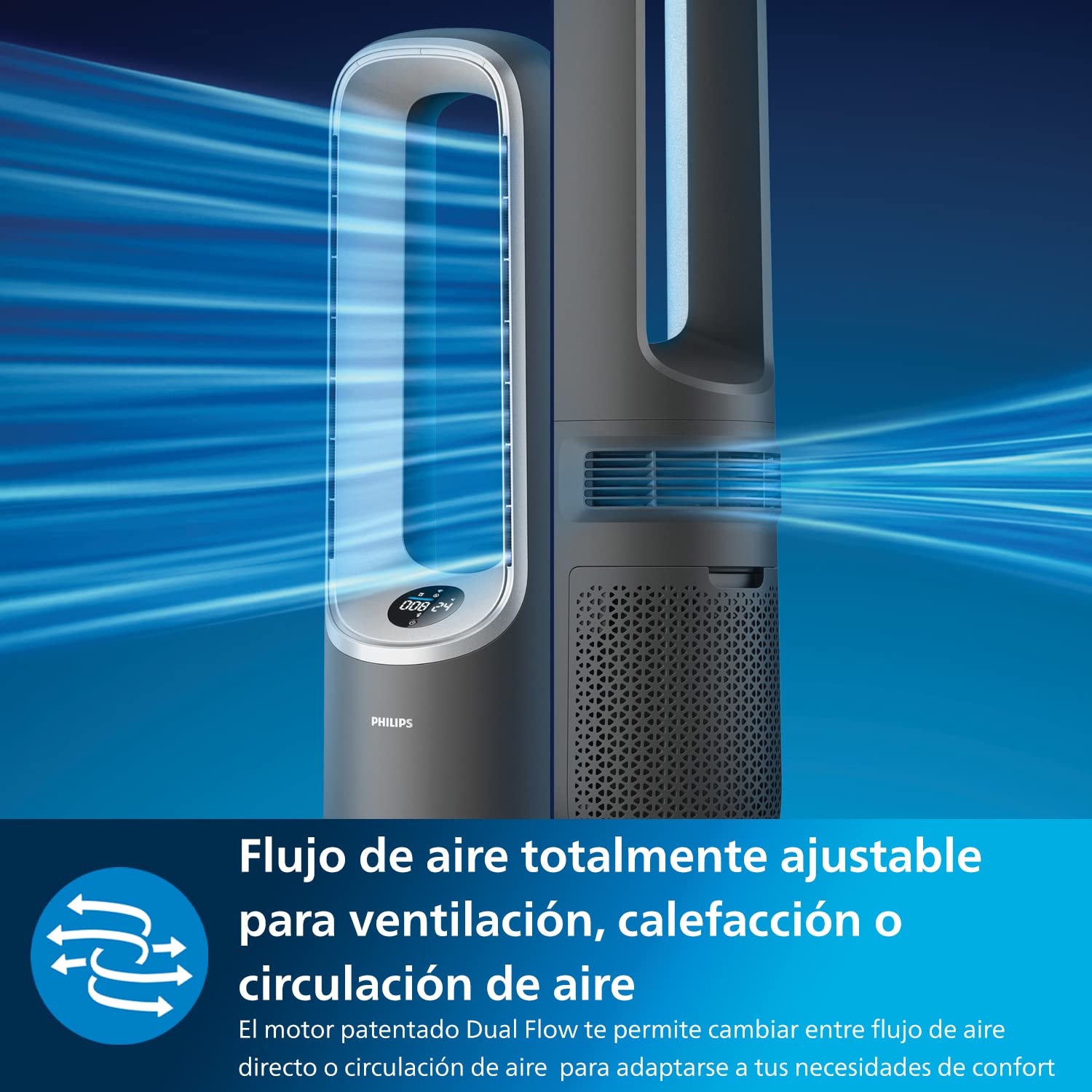 Philips Air Performer 3en1: Purificador, calefactor y ventilador - 70 m², elimina el 99,97% de los alérgenos. Filtro HEPA, Sensores inteligentes, Alexa, App. Silencioso y bajo consumo (AMF870/15)