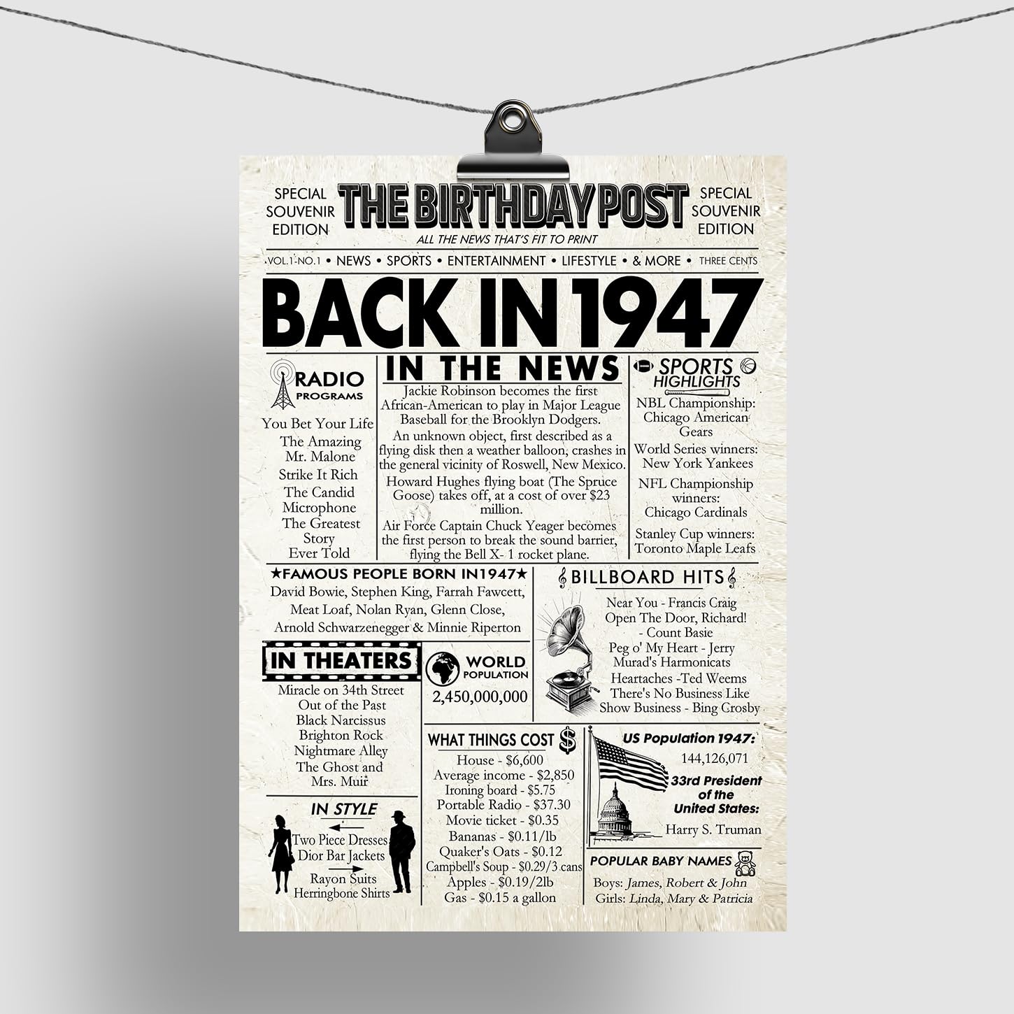 Amazon.com: 78th Birthday Poster Unframed - Back In 1947 Newspaper