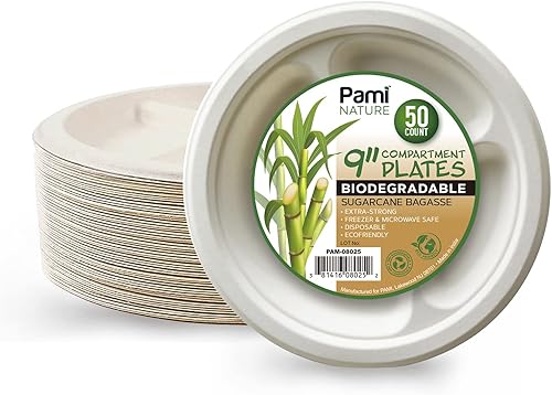 Miniatura 1 de PAMI Platos de compartimiento de caña de azúcar 100 biodegradables sin PFAS de 9 pulgadas paquete de 50 compostables naturales platos de bagazo
