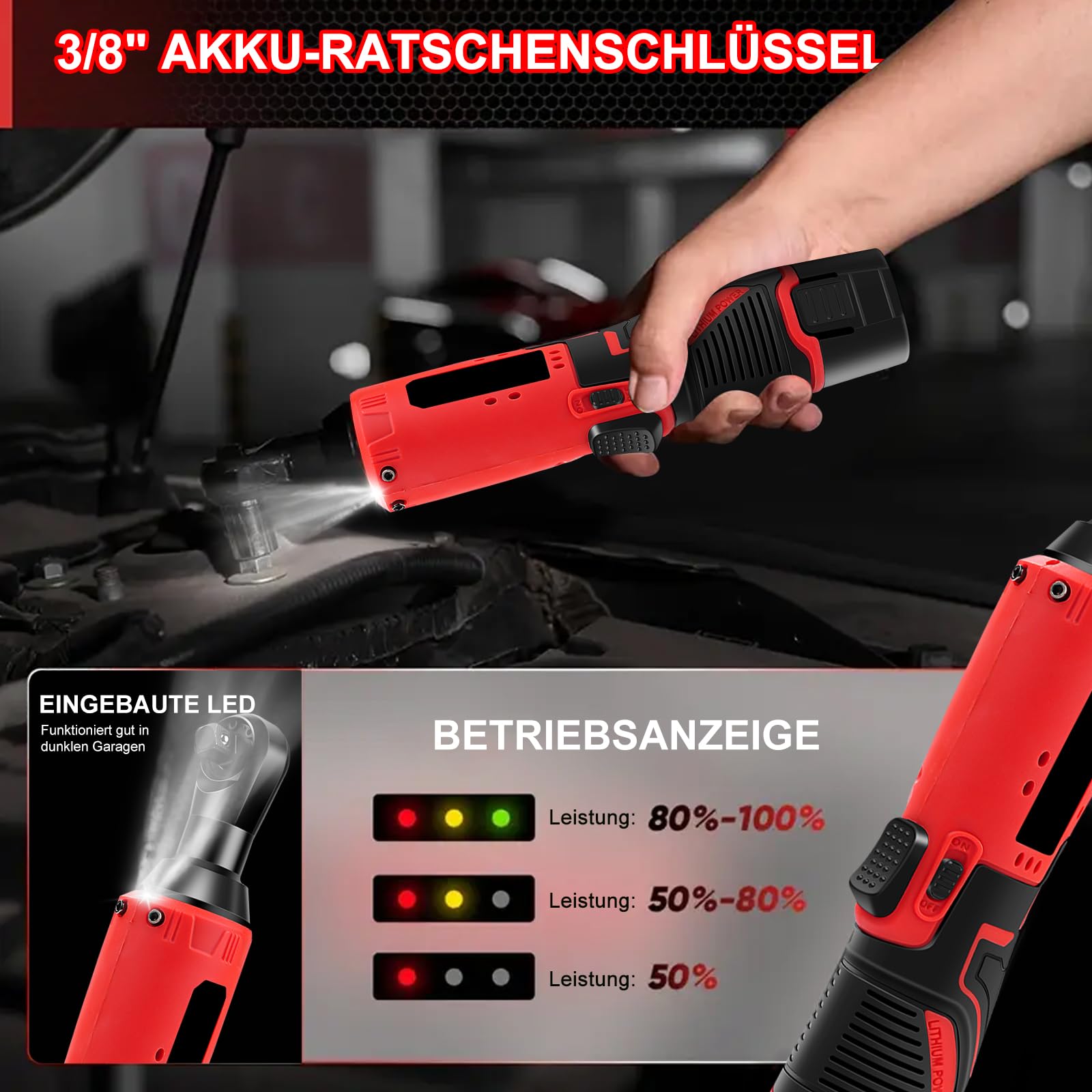 Akku Ratsche 3/8 Zoll, 12V 35N.m Elektrische Ratschenschlüssel mit 7 Steckdosen, 0-320RPM 2x1,5Ah Batterien & Schnellladung, LED-Licht, Akku Ratschenschrauber für Autos, Möbel