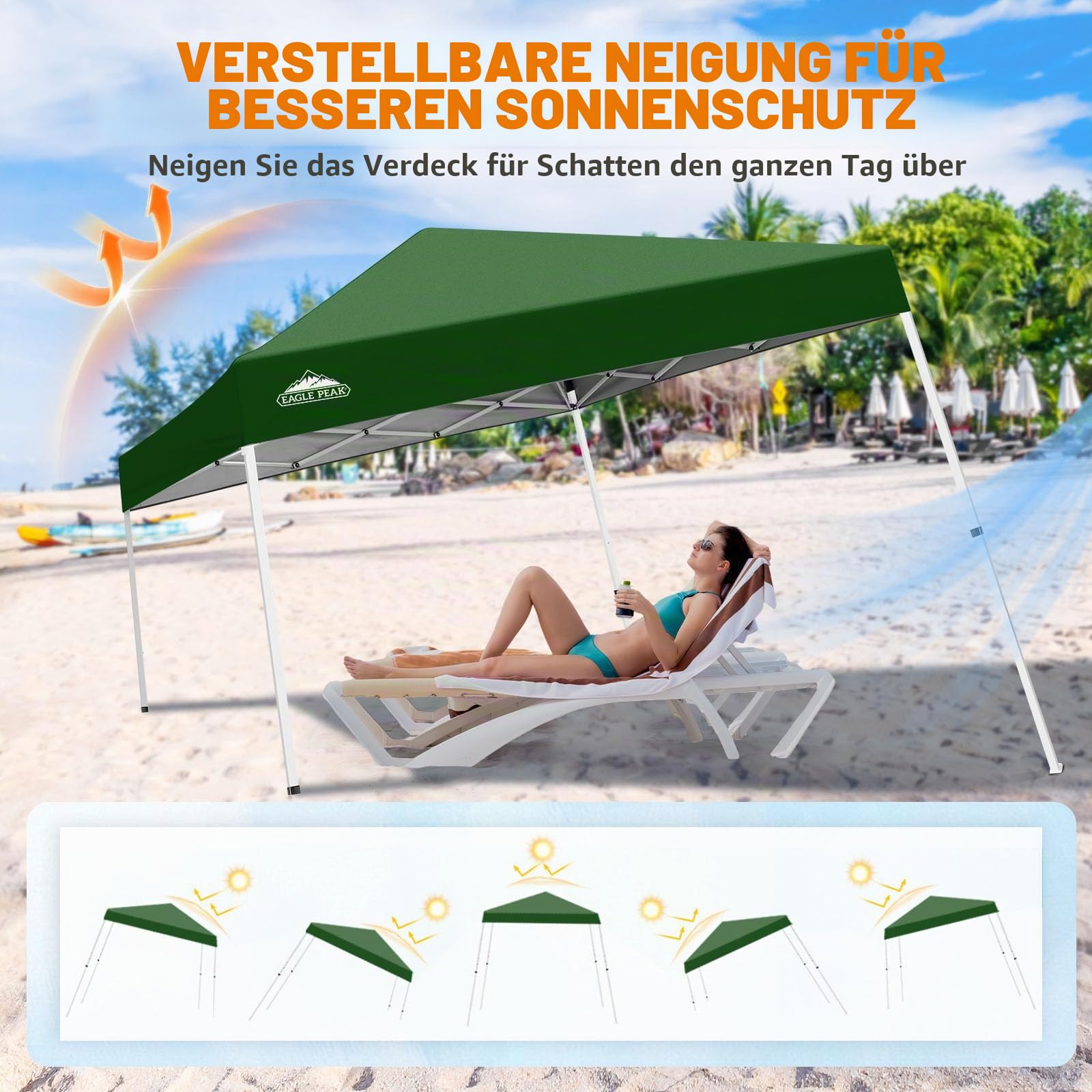 EAGLE PEAK 3x3m Schrägbein, Pop-Up-Überdachung, einfache Einrichtung für eine Person, sofortige Outdoor-Strandüberdachung, faltbar, tragbar, Sportunterstand,grün