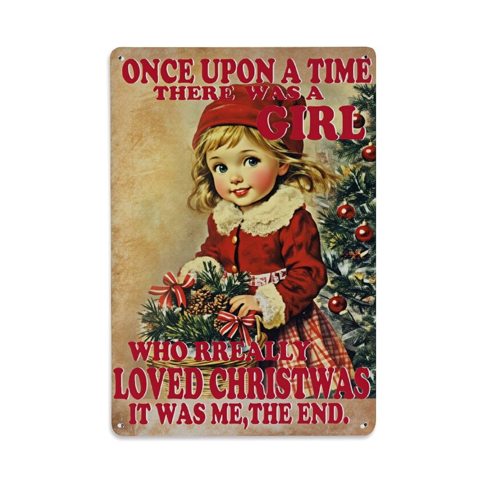 Vintage Christmas Girl Holding Wreath Tin Sign Vintage Metal Poster, Home Bar Garage Man Cave Cafe Indoor & Outdoor Wall Decoration 8x12Inches