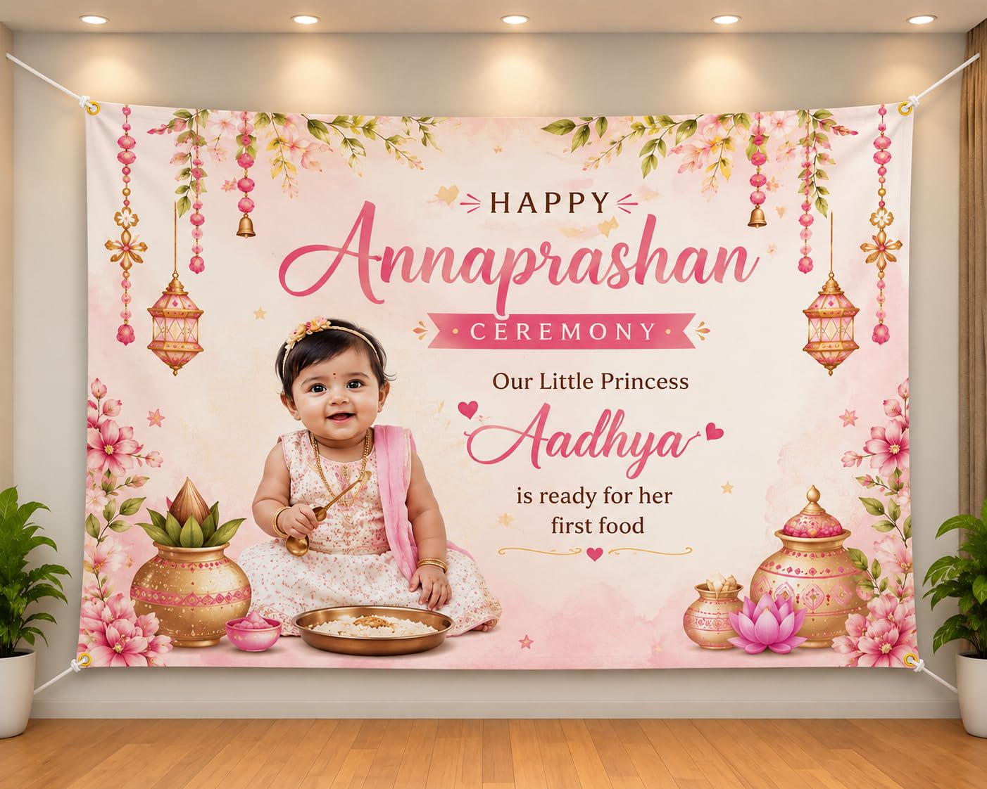 Party Perfect Designs Personalized Annaprashan Ceremony Backdrop Banner | Custom First Rice Ceremony Welcome Poster | Floral Photo Background Decoration for Baby Girl & Boy (Pink Floral, Golden Touch)-image-8