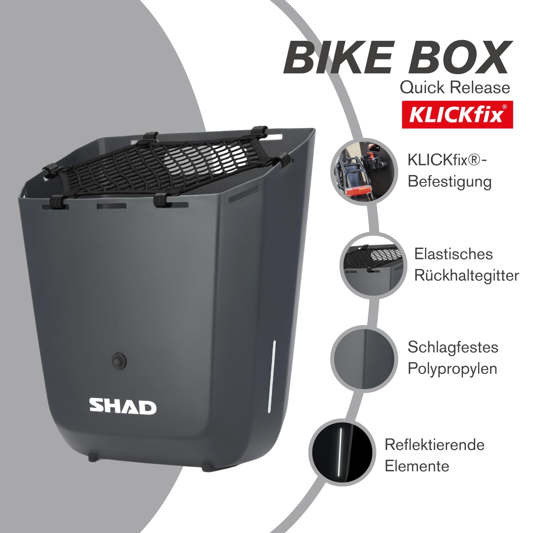 SHAD Bikes Abnehmbarer Fahrradkorb 20L Bike Box Quick Release KLICKfix | Aus Polypropylen, extrem schlagfester Korb, mit KLICKfix-System schnell abnehmbar, für E-Bikes und Cityräder. Grau.