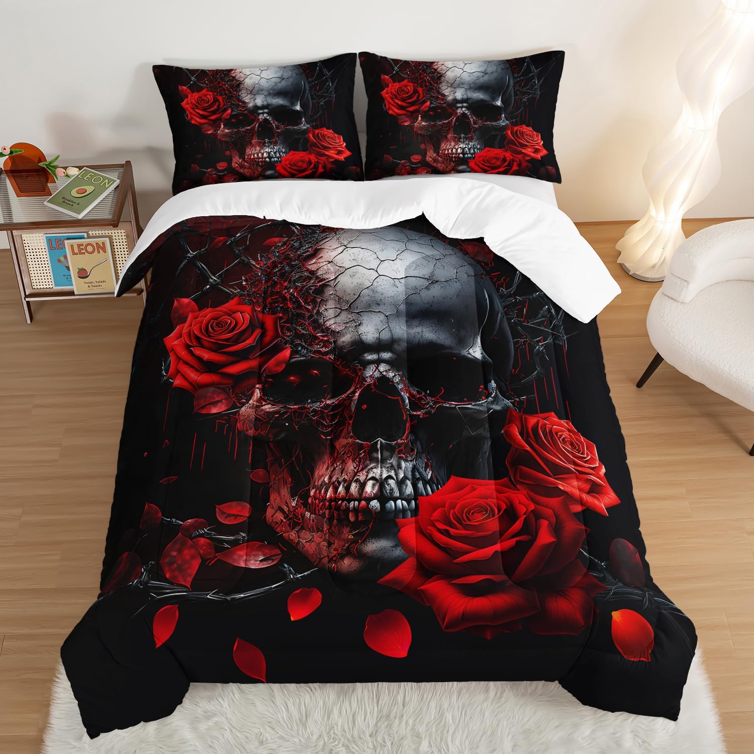 HOSIMA Death Skull Heads Comforter Gothic Bedding Sets,Horror Theme Halloween Bedding Comforter Sets for Teen Girls Boys Room Decor,Red Rose Floral Comforter Queen Size Bed with 2 Pillowcases. - Image 2