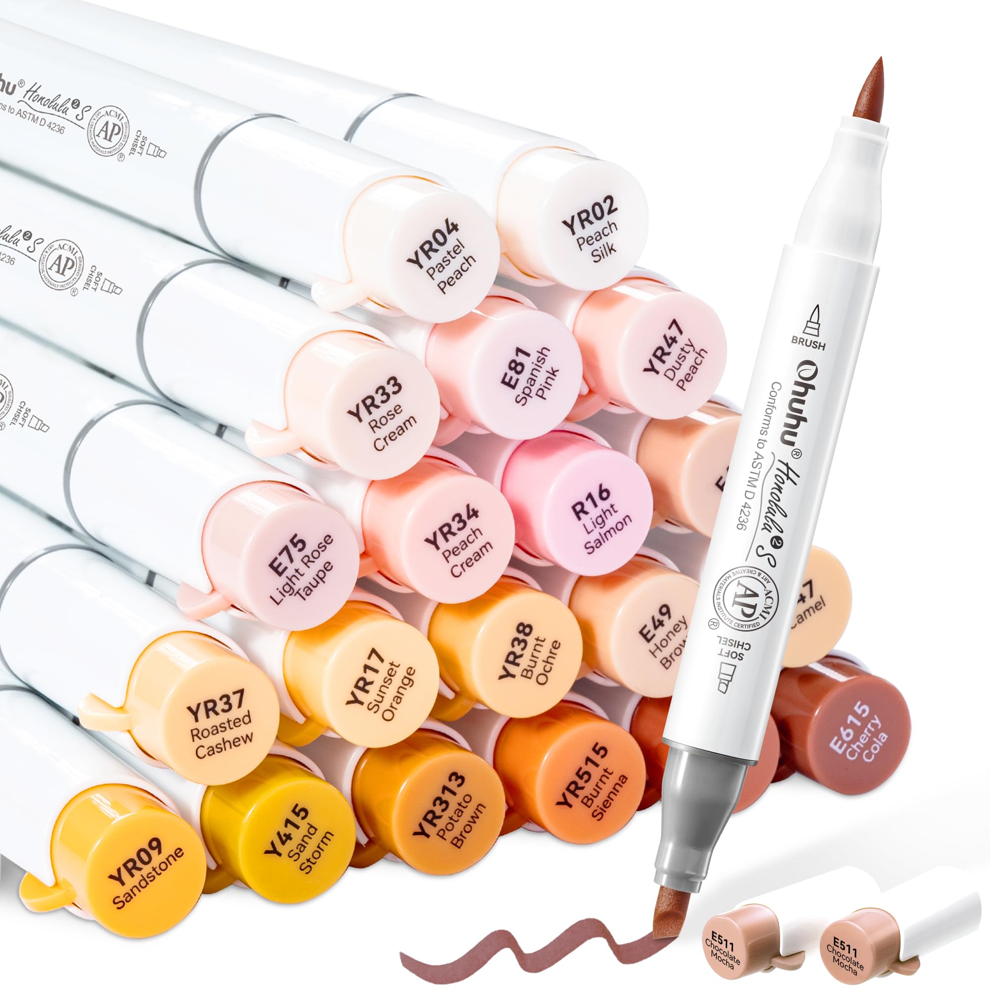 Ohuhu Alcohol Markers 24 Skin Colors Brush Soft Chisel for Portrait Drawing | Honolulu 2S AP Certified Art Marker for Artists Beginners Adults Coloring Illustration, Dual Tips Alcohol-based