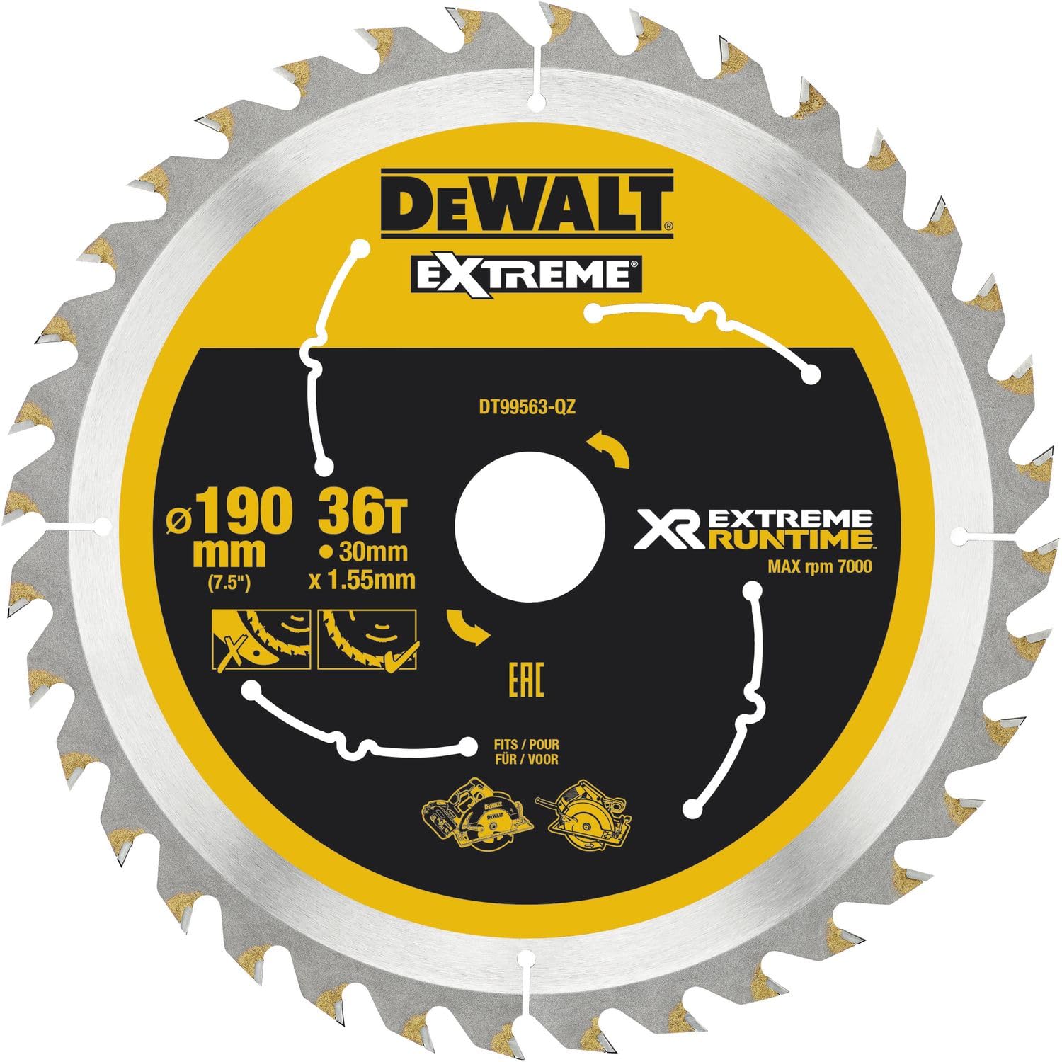 DeWalt, DT99563, QZ, Hojas para Sierra Circular portátil XR EXTREME RUNTIME 190mm x 30mm 36D