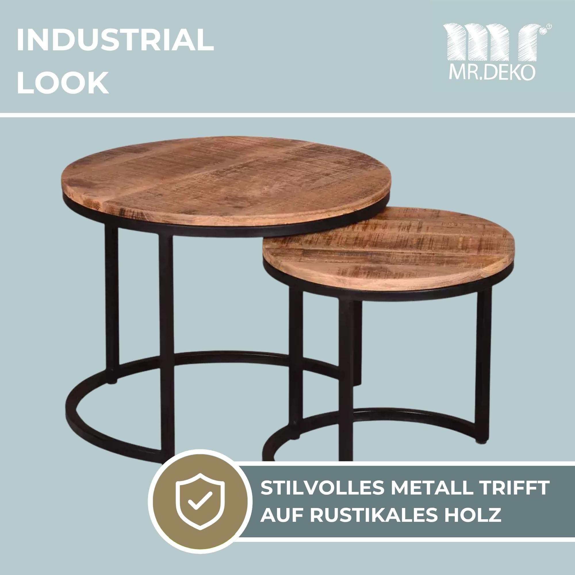 MR. DEKO Wohnzimmer Set Aliano Blau | Sessel-Set 2er mit Armlehnen & Beistelltisch Fermo Mangoholz | Polstersessel Stoff | Lounge-Set Wohnzimmer | Modernes Wohnmöbel-Set |2 Holztische rund