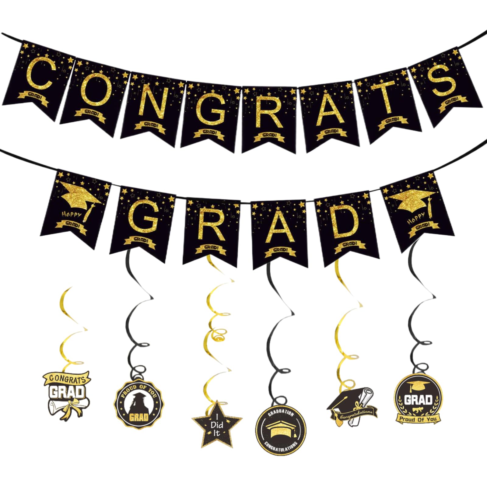 Abschlussdekorationen,Abschluss Deko Set,Bachelor Deko,Glückwunsch Abschlussbanner, Buchstabenfahnen, Pull Blumen Wimpelgirlande, Spiraldekoration, schwarzes Gold Graduierung Accessoire Deko Set