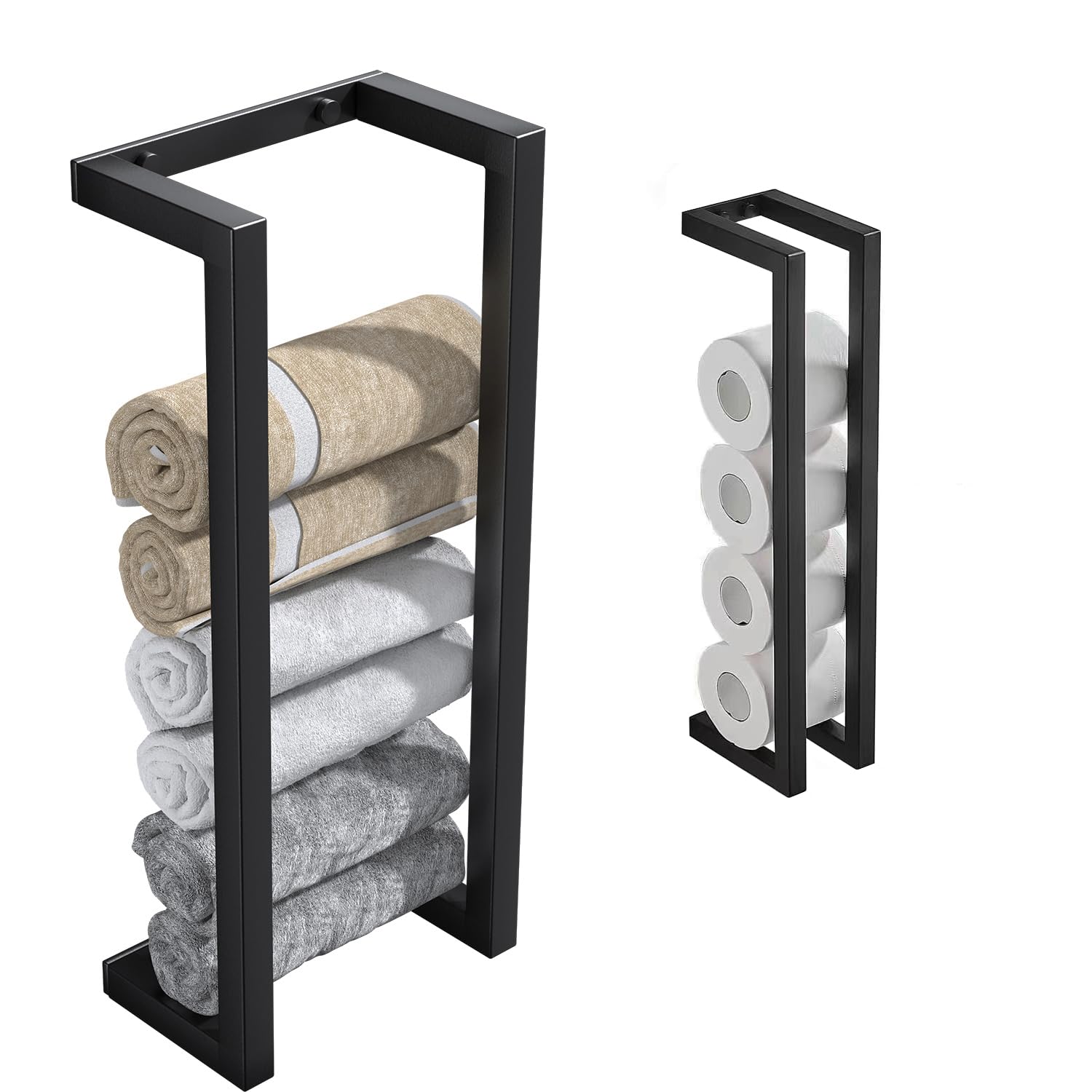 2 in 1 Modern Towel Rack for Rolled Towels,Towel Storage Rack for Bathroom or Toiled Paper Organizer,Premium Aluminum Matte Black Bath Towel Holder,Easy to Install(One Rack with 2 Base)