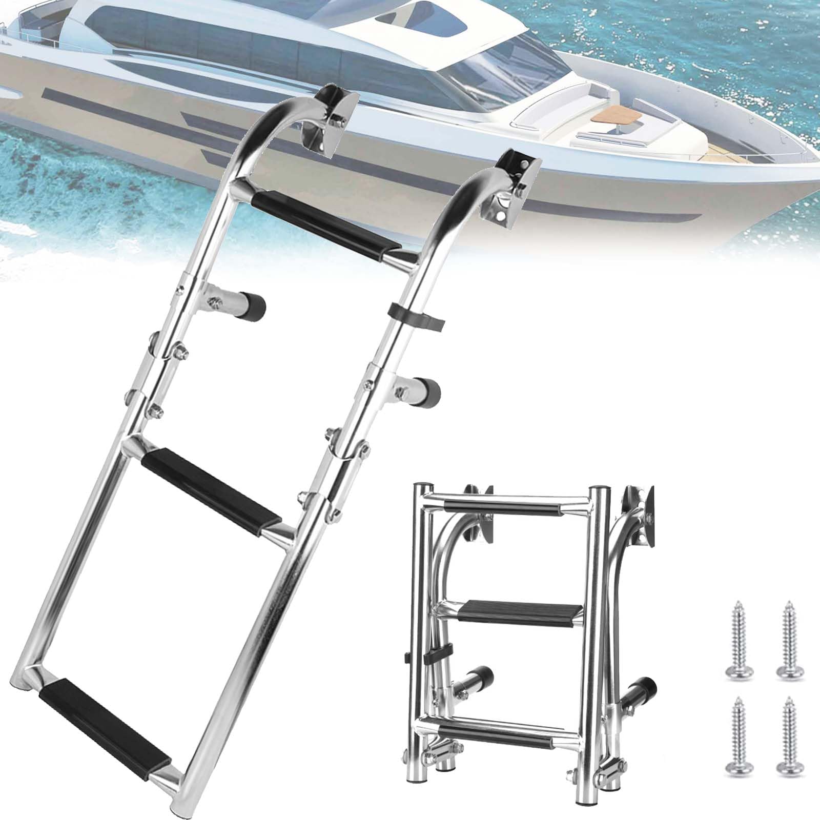 Aisny Échelle Natation à 3 Marches en Acier Inoxydable 304, Échelle Piscine Bateau Échelle Télescopique Pliable à 180 Degrés, Échelle Bateau Flottante Pour Quai Piscine Yacht Marin