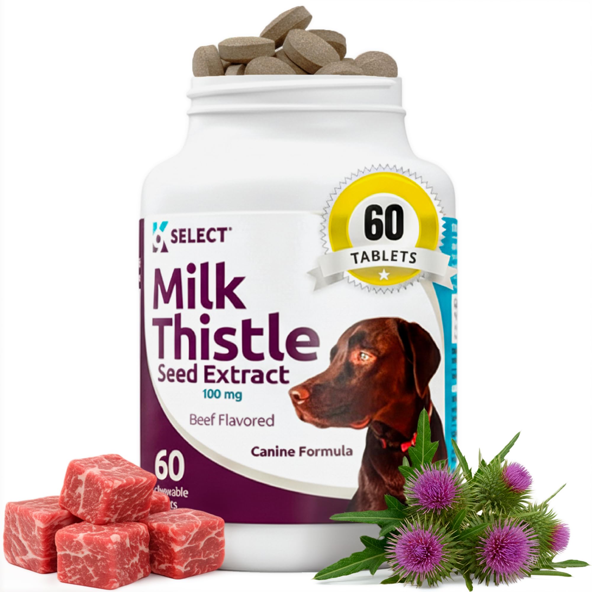 K9 Select Milk Thistle for Dogs, 100mg - 60 Beef Flavored Tablets - Canine Liver Health Natural Milk Thistle Supplement