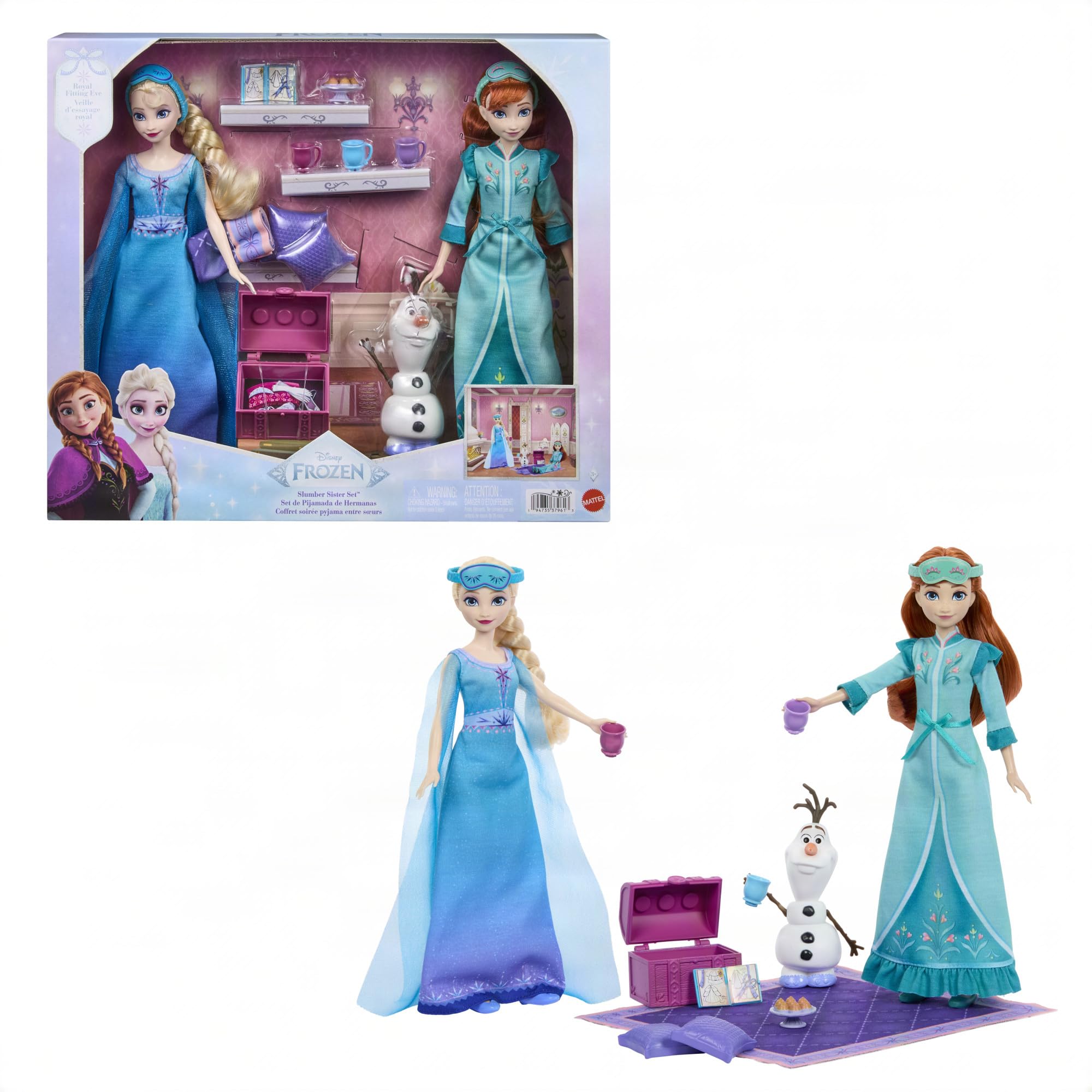 Mattel Disney Frozen Anna i Elsa zestaw sióstr na noc, 2 lalki | Królewskie stroje wieczorowe, kapcie, figurka Olaf, 12 akcesoriów (poduszki, maski), JML08