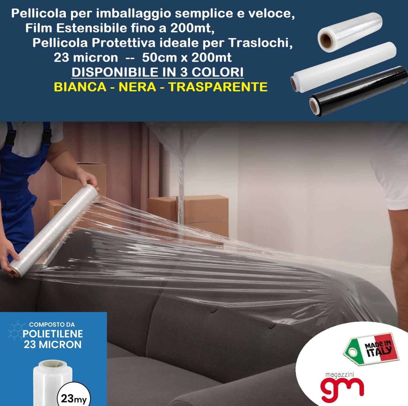 Pellicola per Imballaggio Film Estensibile 50cm x 200mt Trasparente
