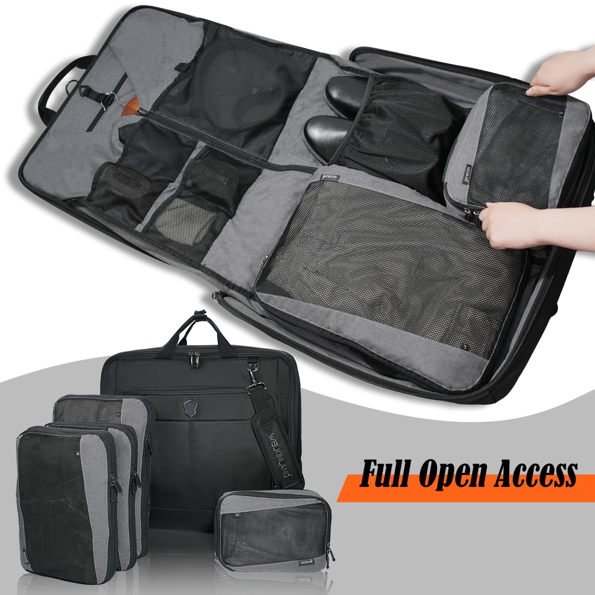 WELKINLAND Kleidersäcke für Reisen, mit 4 Packwürfeln, 30 l, großer Handgepäcksack für Reisen, 15 Taschen, Anzughalter, Reisetasche, faltenfreier Anzug-Kleidersack für Herren