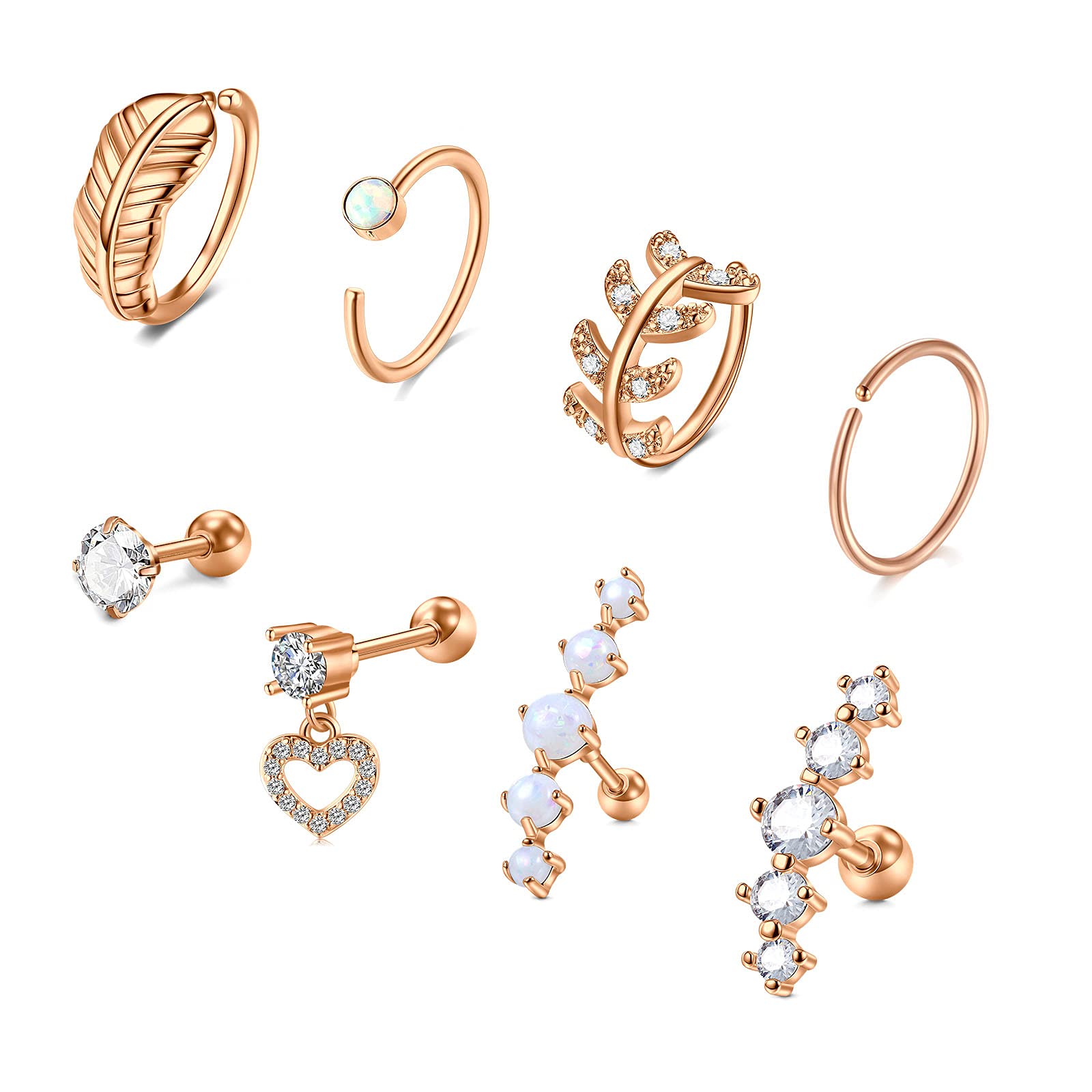 VFUN Piercing Oreja Helix Acero Inoxidable Hoja Piercing Conch Aros Corazón Diamante CZ Piercing Tragus para Mujeres Joyas para Las Orejas