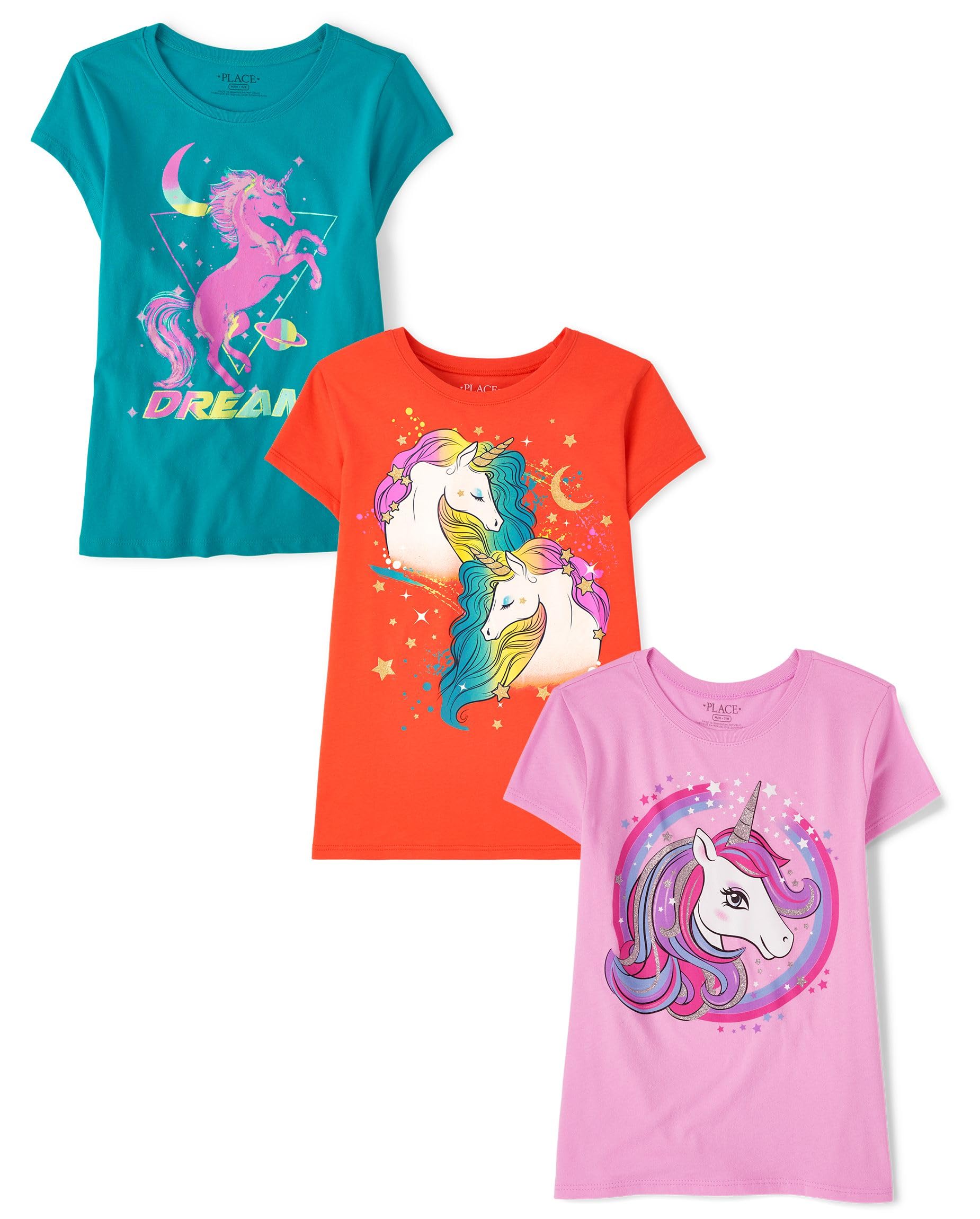 The Children's Place Girls 2-Pack Short Sleeve Graphic Tee, Unicorn Circle/Dream/Unicorns, XS