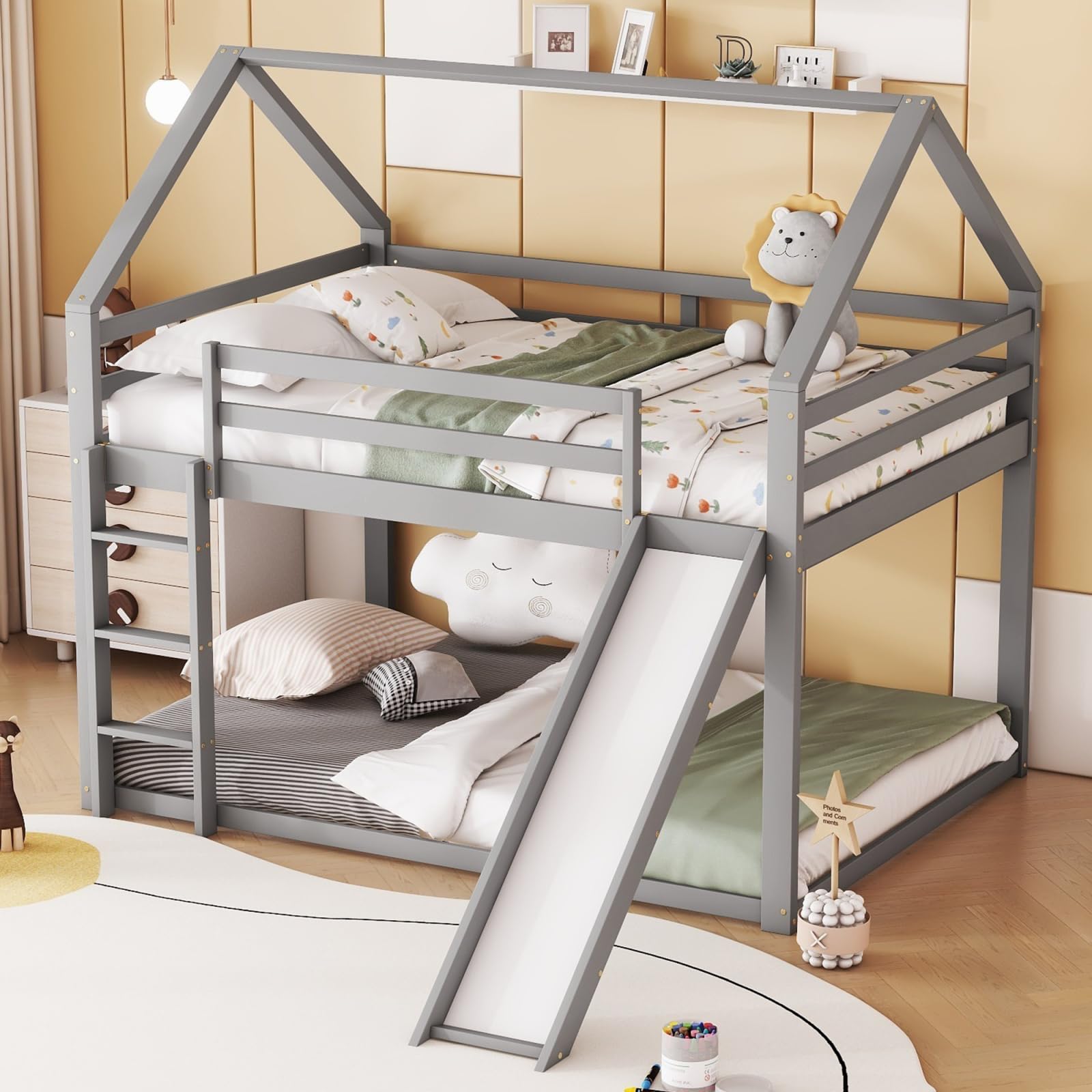 Hochbett für Kinder, 140 x 200 cm, Etagenbett mit Rutsche und Leiter, hausförmige Betten mit Rausfallschutz, Holz, Grau