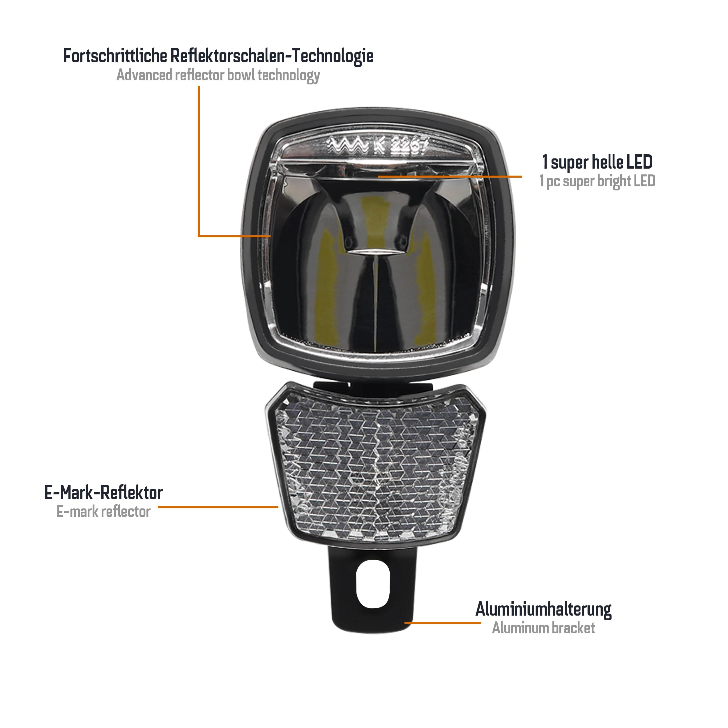 ADDVIEW E120 Feu avant pour vélo électrique Marteau E120 – Lampe de vélo LED homologuée StVZO & ECE en aluminium/ABS, étanche, DC 6–48 V, visibilité latérale, pour vélos électriques et pedelecs