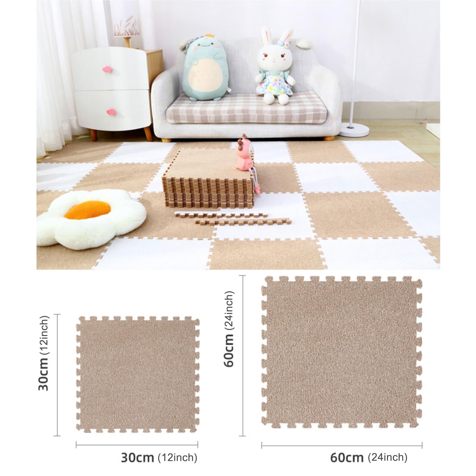 Palymaty 12-częściowa mata podłogowa z pianki patchworkowej, 12 "X 12" grube blokujące kwadraty dywanowe, piankowa mata podłogowa z puzzli, mata do zabawy z puzzlami dywanik(Beige)
