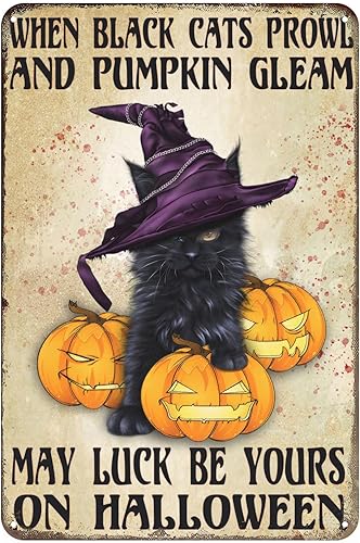 Jsovesv Letrero de metal decorativo con diseño de gato y bruja y calabaza, con texto en inglés May Luck Be Yours On Halloween con gato negro para