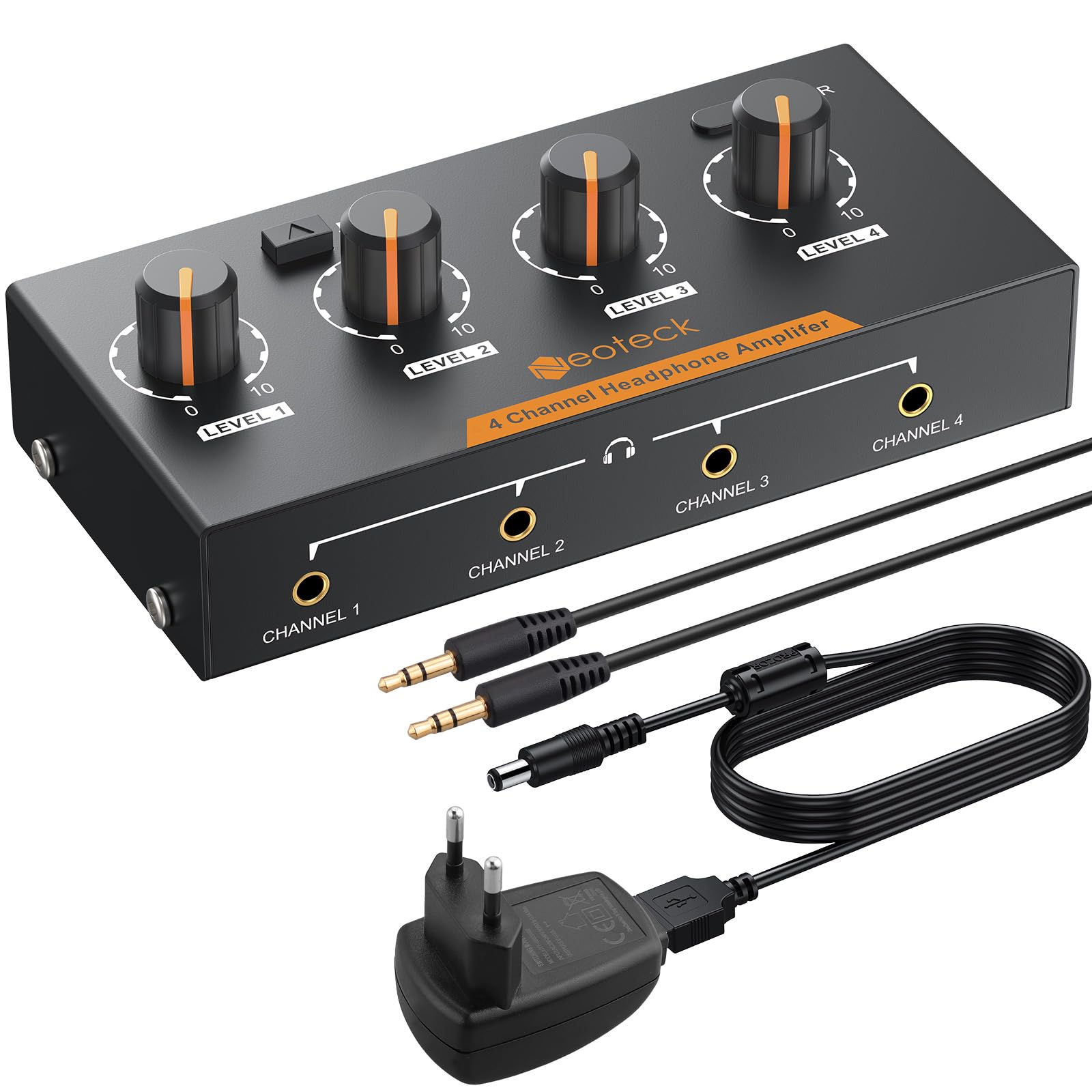 Neoteck Amplificadores para Auriculares 4 Canales Amplificador de Auriculares Estéreo con Control de Volumen y 3,5mm Cable de Audio Amplificador Estéreo de Metal para Grabaciones Mezclas