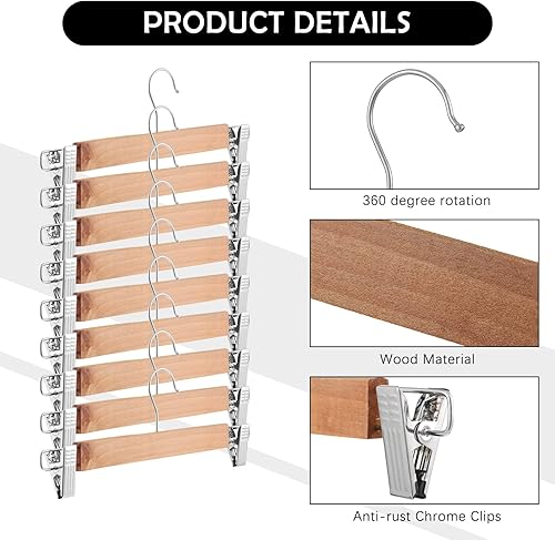Miniatura 3 de Weysat 40 perchas de madera para pantalones, a granel con 2 clips ajustables, gancho antioxidante, gancho giratorio 360 ganchos inferiores para