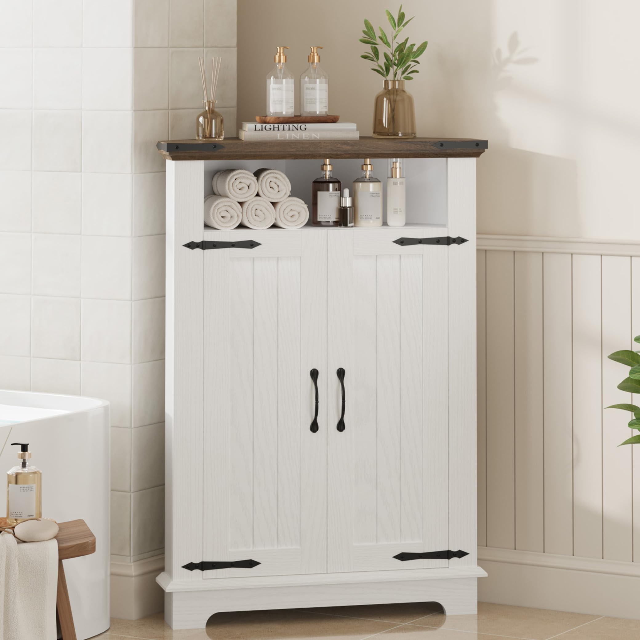 Kompakter Eckschrank Für Badezimmer, Modernes Badmöbel Mit Türen Aus Holz, Vielseitig Einsetzbar Als Badschrank, Küchenschrank Wohnzimmerregal, Möbel 56×38×82 h cm, Weiß